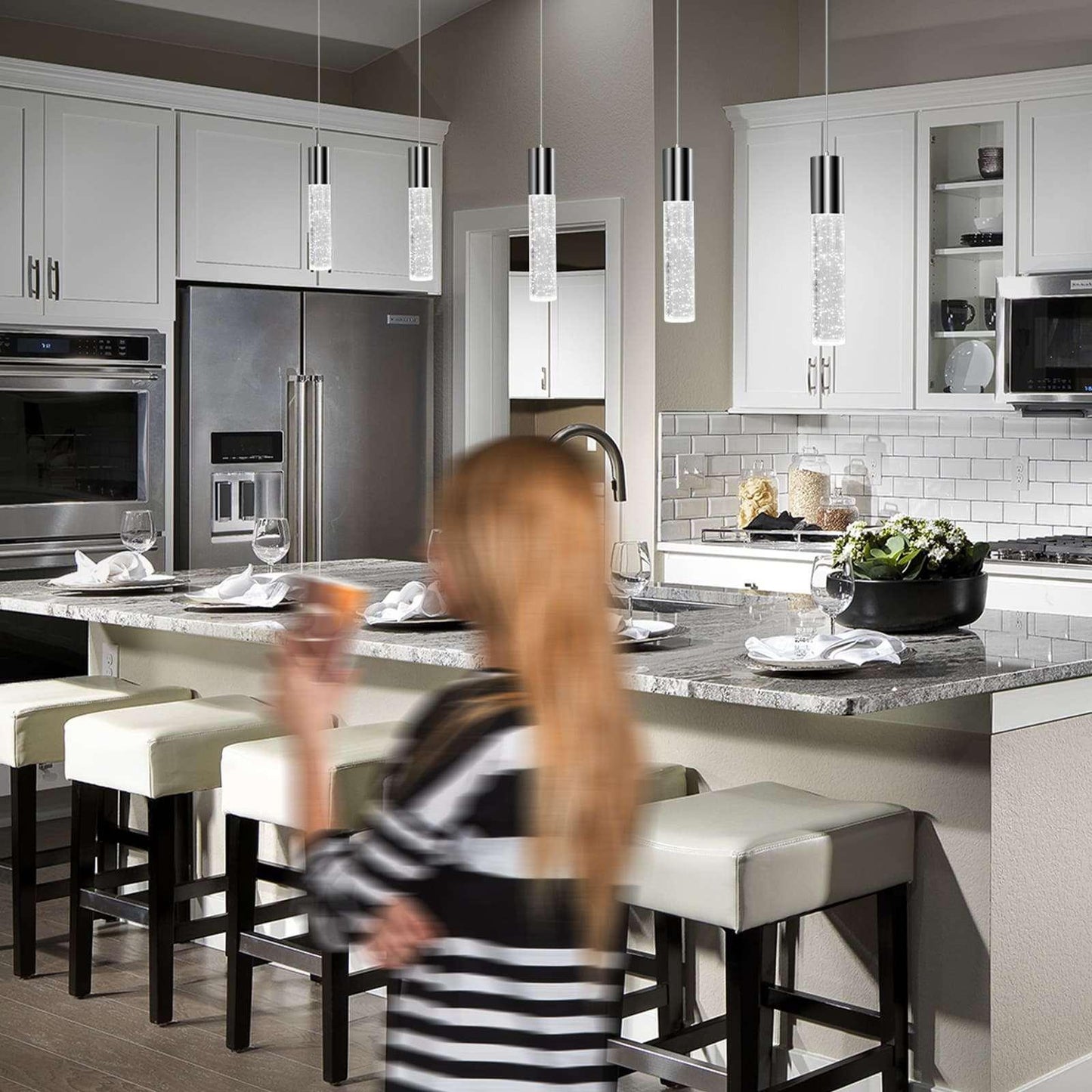 OKELI Modern Pendant Light, LED Bubble Crystal Kitchen Island Lights Fixtures, Chrome Mini Single 1-Pack - okeli lights