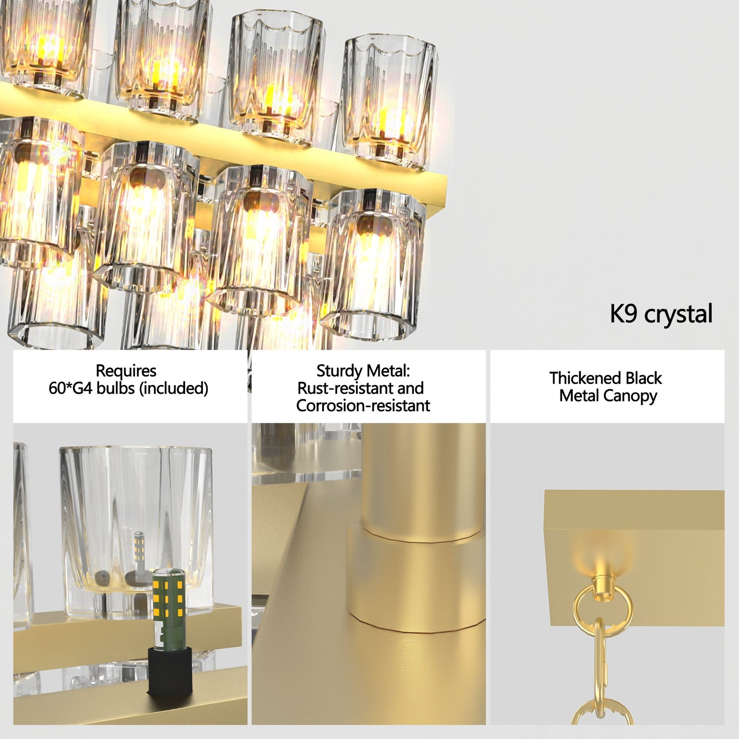 Crystal Brass Rectangle Chandeliers for Dining Room Gold Farmhouse Includes 60XG4 Bulbs - okeli lights