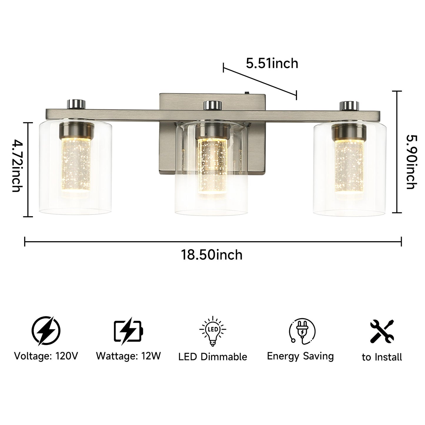 3-Light Bathroom Light Fixtures Crystal Brushed Nickel Over Mirror LED Vanity Lights Dimmable Wall Lamp - okeli lights