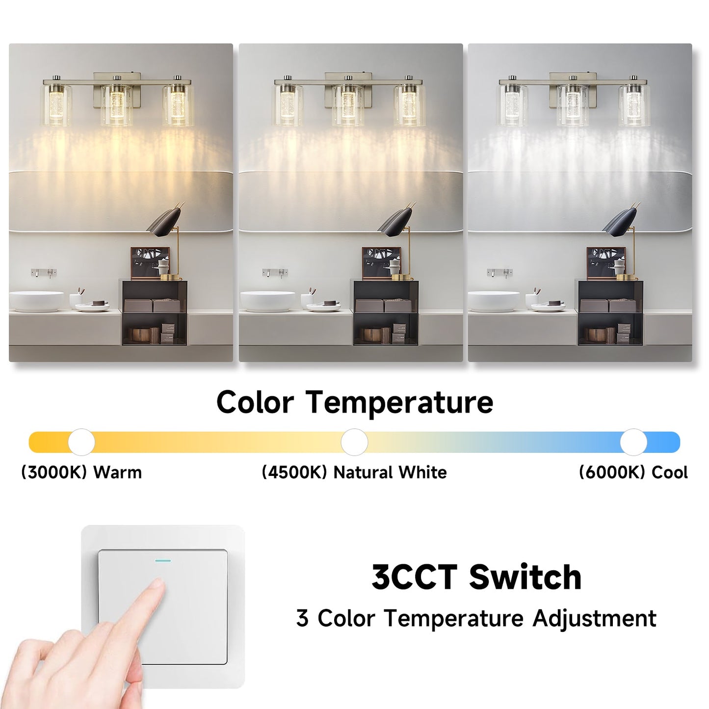 Crystal Brushed Nickel Bathroom Lighting Fixtures 3-Light Over Mirror with Glass Shade 3000-6000K LED Dimmable Wall Lamp - okeli lights