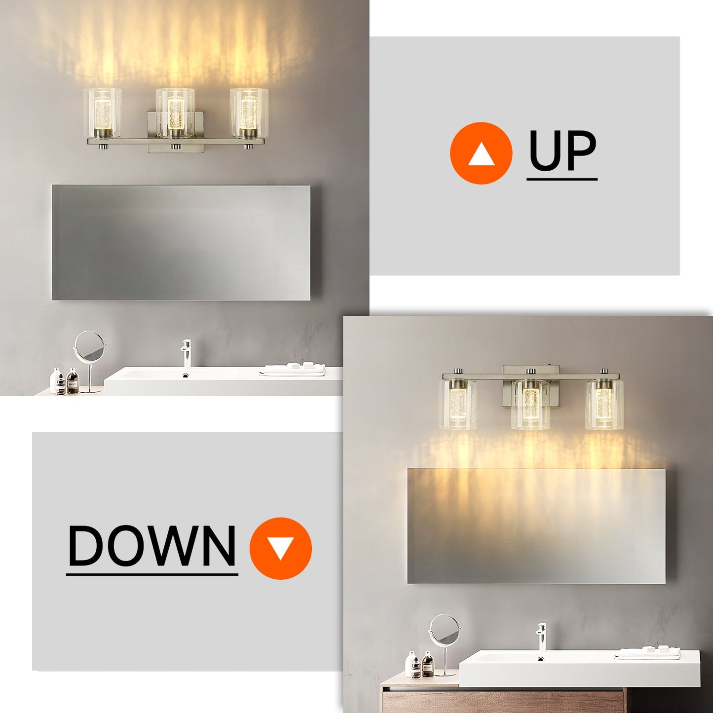 Crystal Brushed Nickel Bathroom Lighting Fixtures 3-Light Over Mirror with Glass Shade 3000-6000K LED Dimmable Wall Lamp - okeli lights