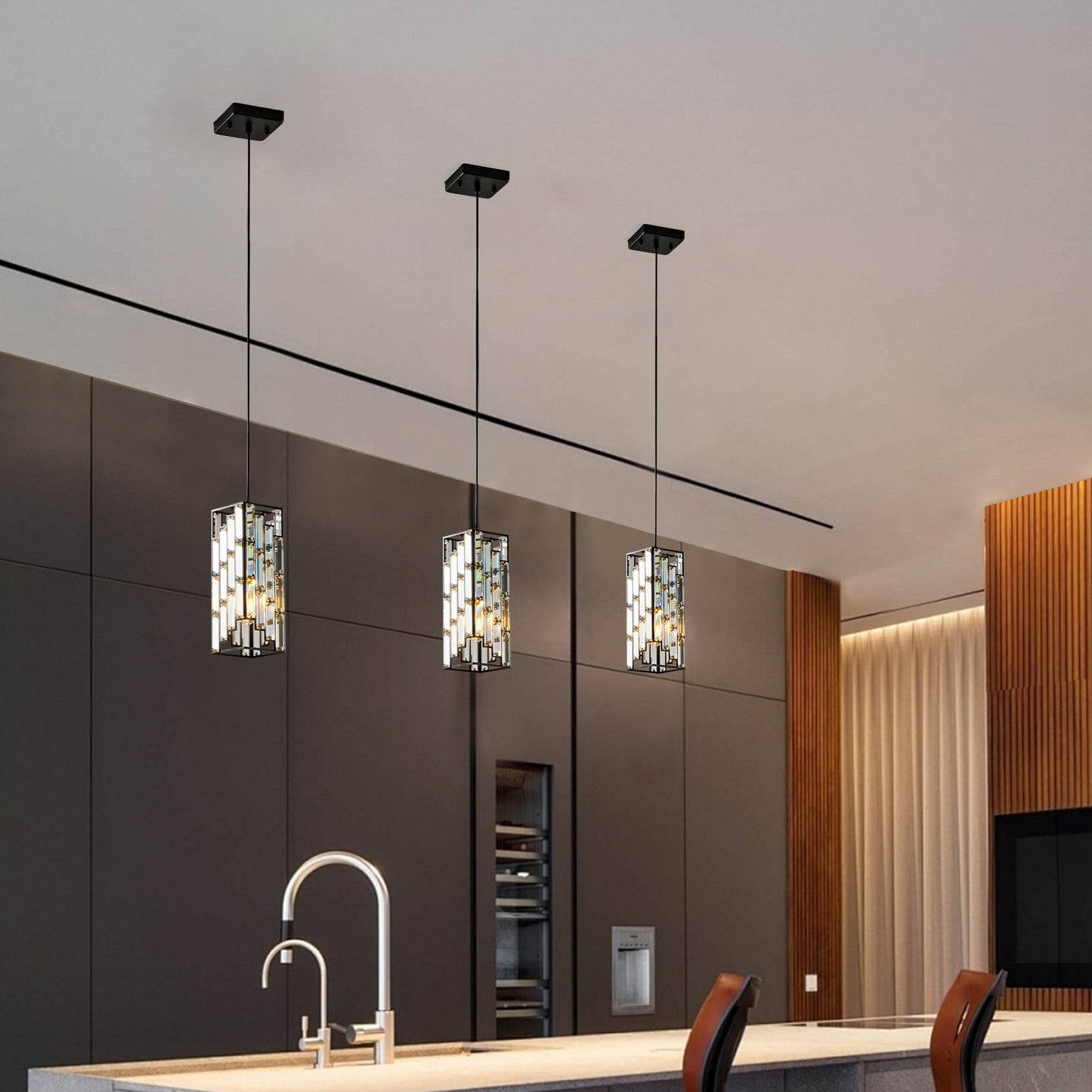 Modern Classic Crystal Pendant Light 3Pack Adjustable Hanging Ceiling Lamp with Crystal Prism Design - okeli lights