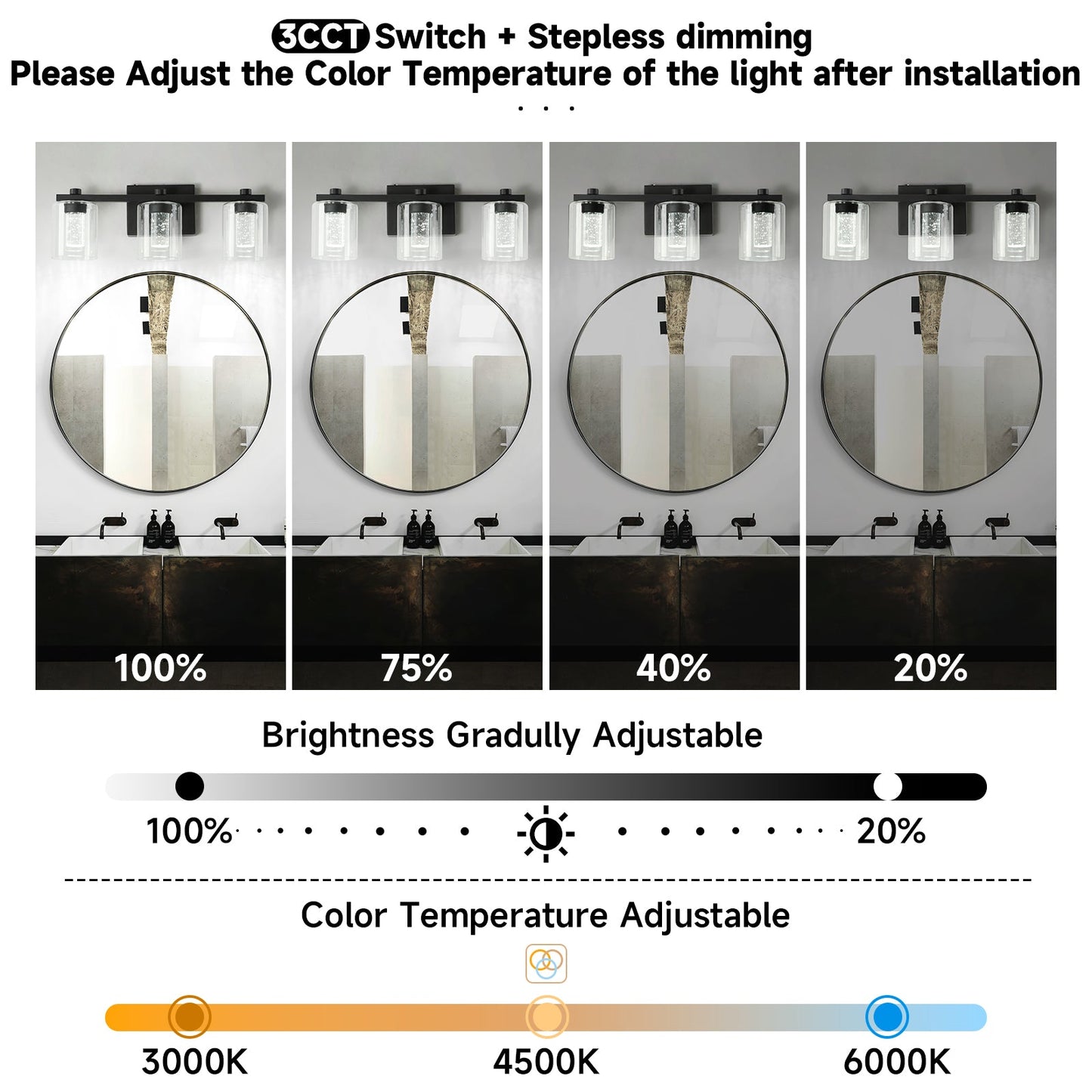 Crystal Sand Black Bathroom Vanity Lighting Fixtures Over Mirror with Glass Shade 3000-6000K LED Lights Dimmable Wall Lamp - okeli lights