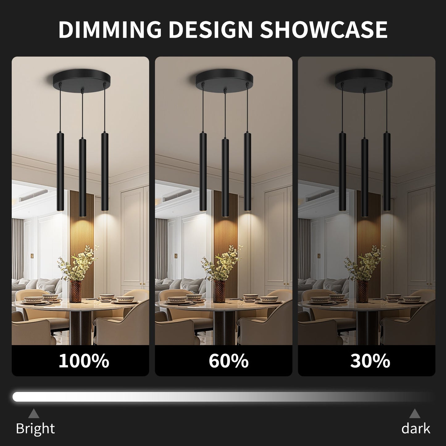 Dimmable LED Round 3-Light Pendant Light 30W 2300LM Modern Island Light Fixture - okeli lights
