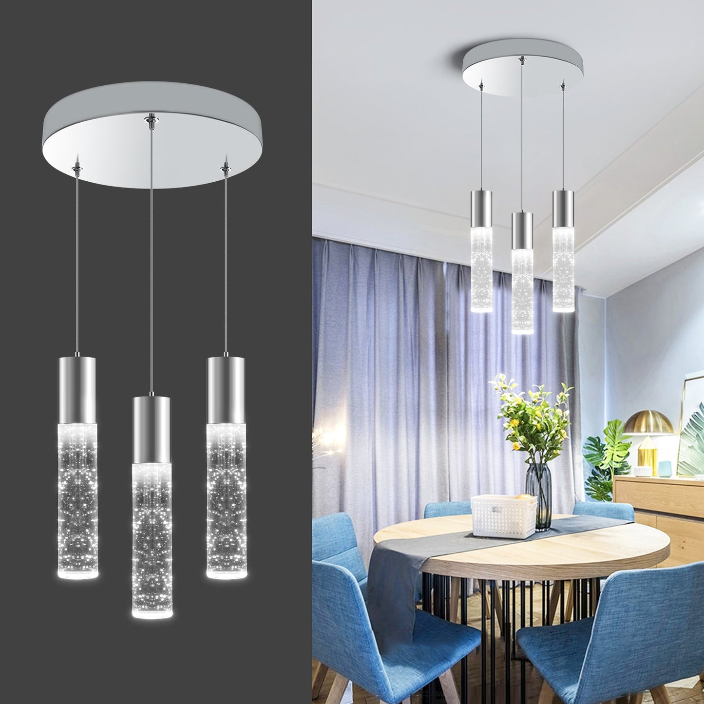 Dimmable LED Round 3-Light Pendant Light Modern Bubble Crystal Island Light Fixture - okeli lights