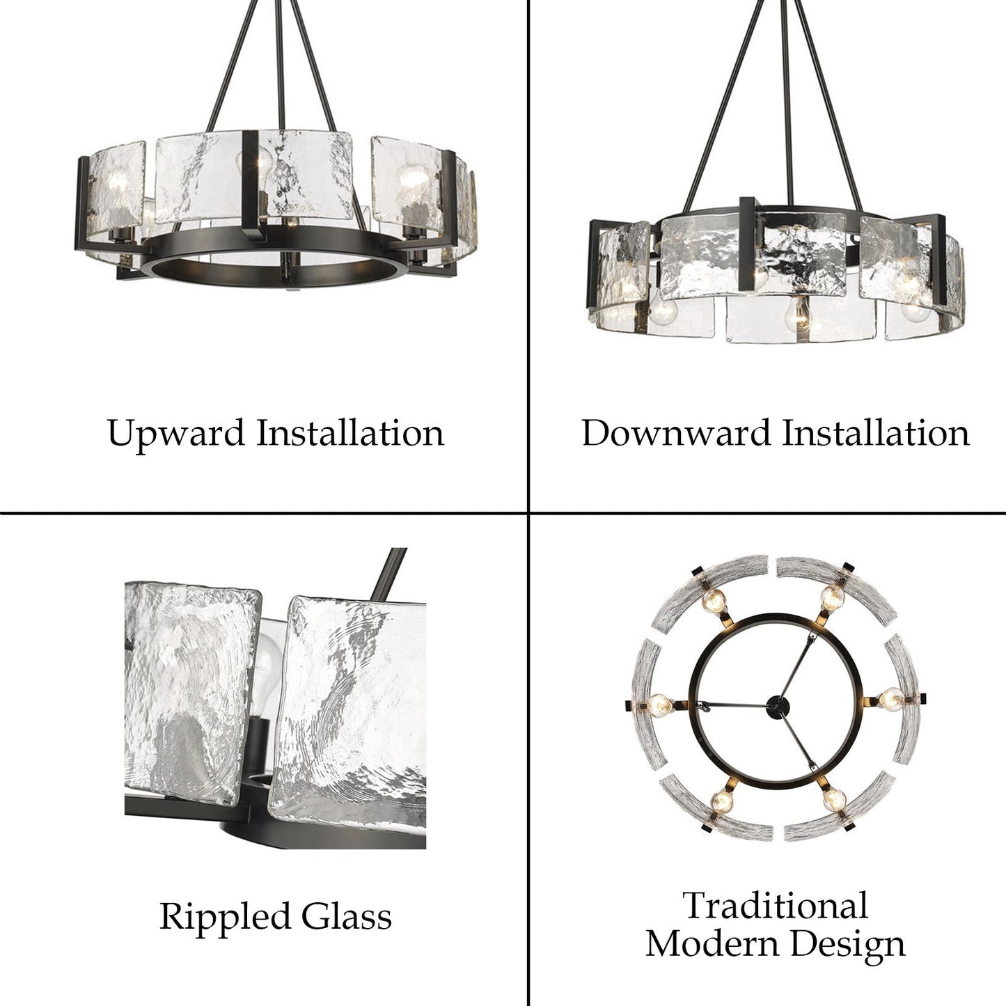 Collage of pendant lights with different installation methods and design styles.