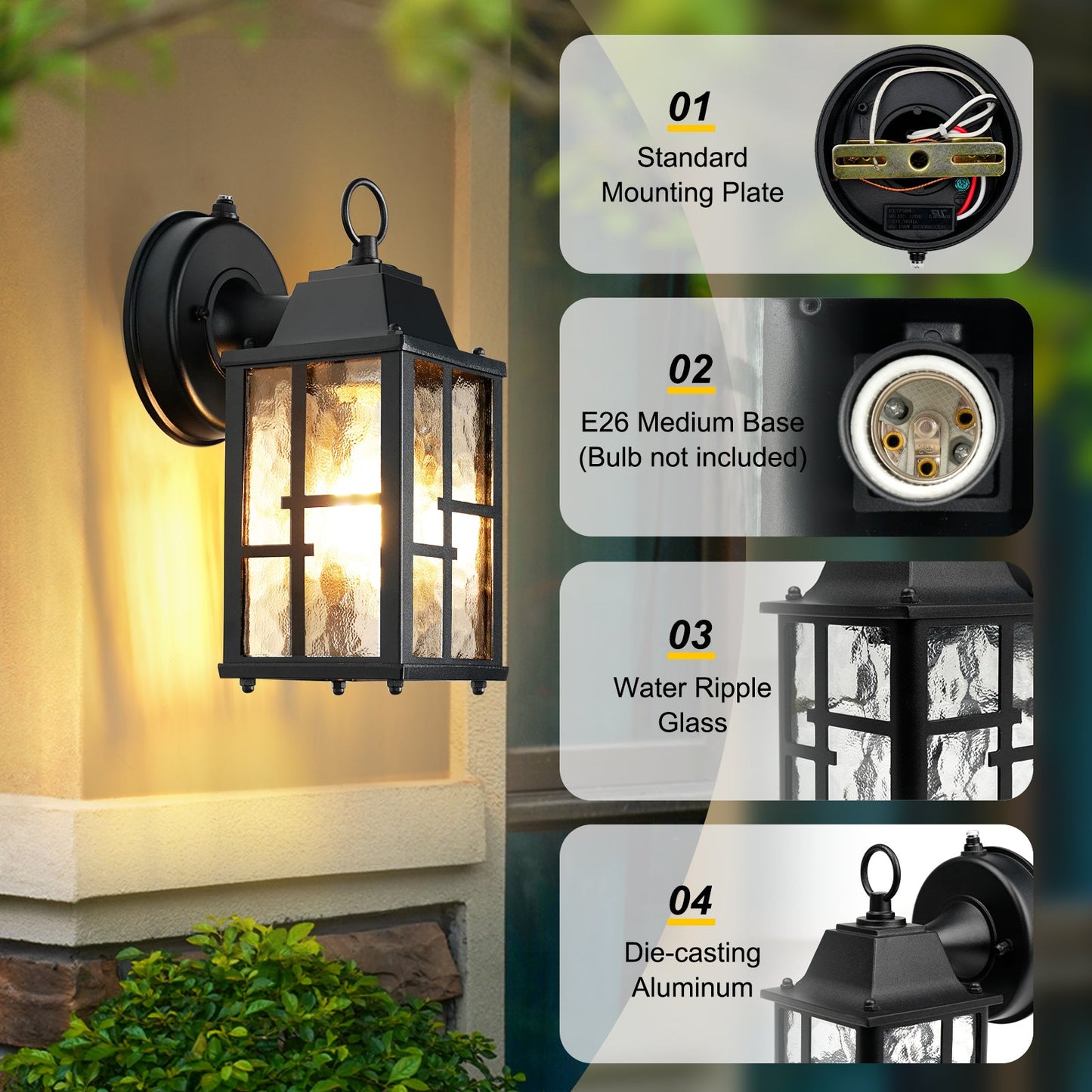 Dusk to Dawn Outdoor Wall Lights Exterior Waterproof Lantern with Water Ripple Glass Shade 2-pack - okeli lights