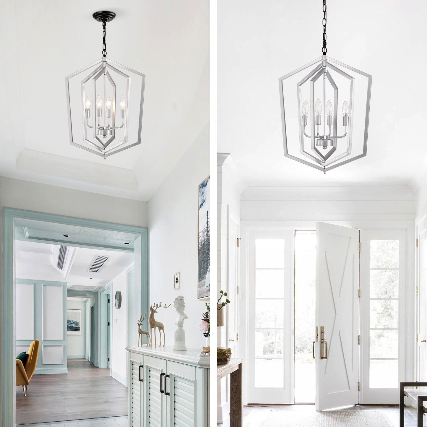 4-Light Farmhouse Chandeliers Matte Black and Sliver Matte Black Vintage Cage Light Fixture Adjustable Height Chandeliers - okeli lights