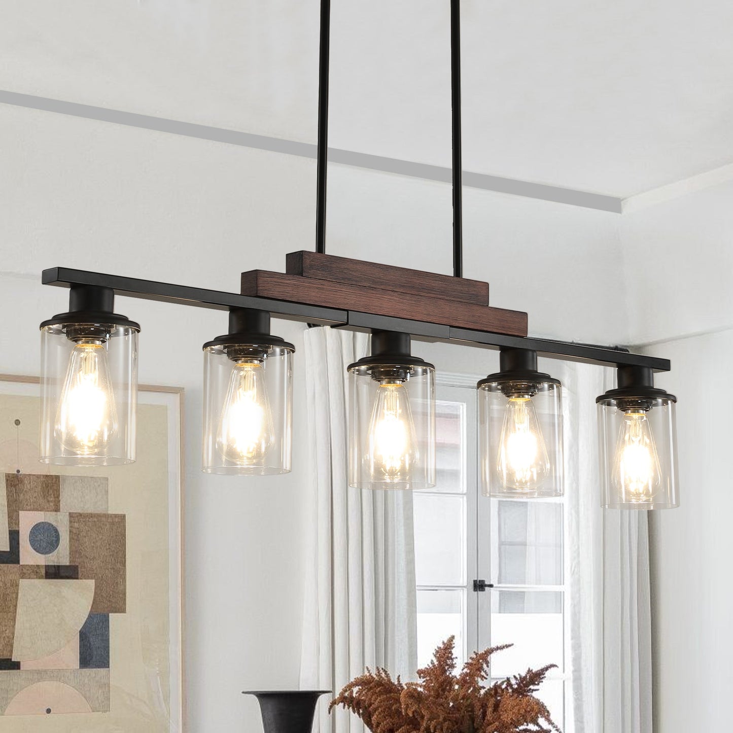 37" Farmhouse Industrial 5-Light Kitchen Island Pendant Light, Metal Wood Chandelier with Clear Glass Shades, Adjustable Height Hanging Fixture for Dining Room, Living Room, Kitchen - okeli lights