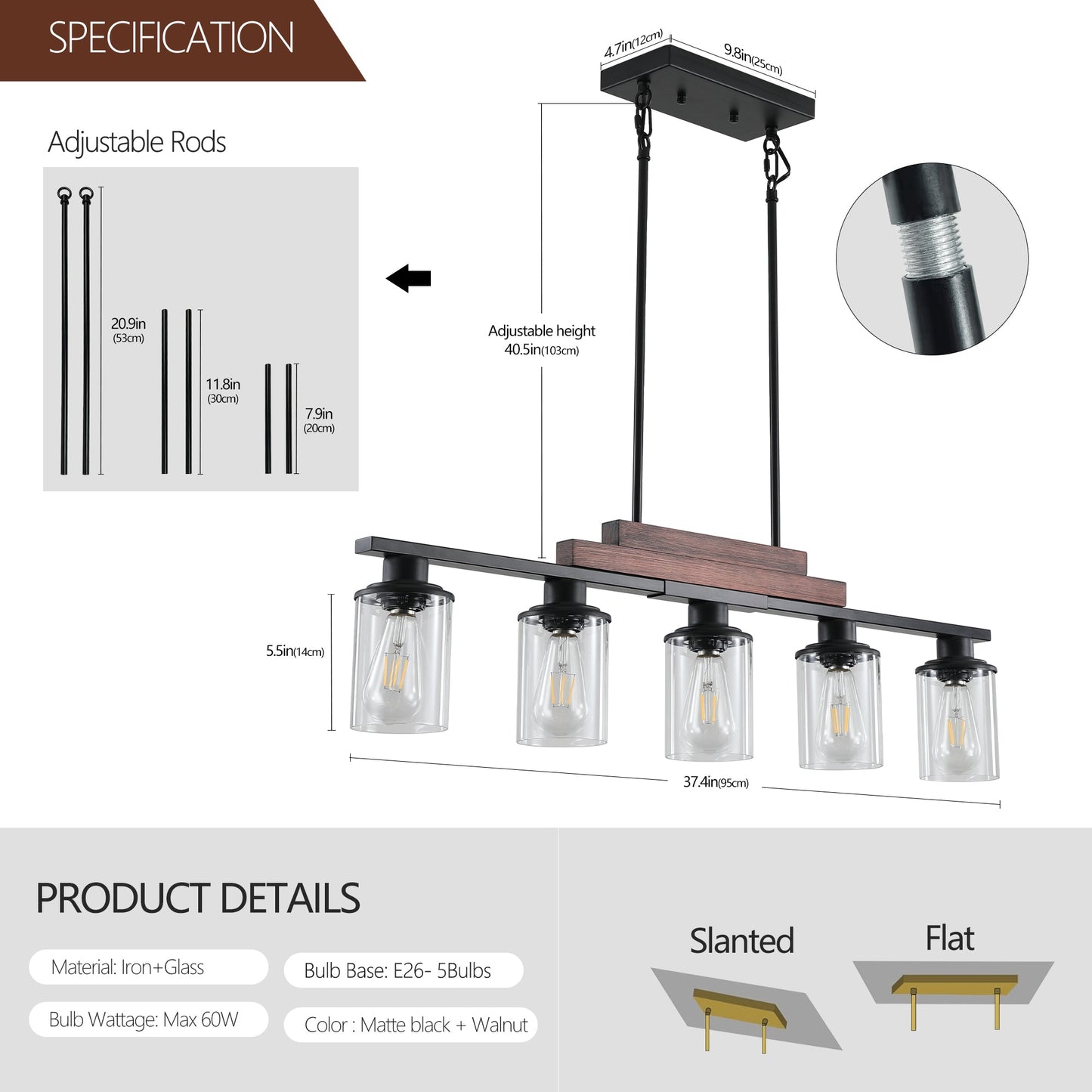 37" Farmhouse Industrial 5-Light Kitchen Island Pendant Light, Metal Wood Chandelier with Clear Glass Shades, Adjustable Height Hanging Fixture for Dining Room, Living Room, Kitchen - okeli lights