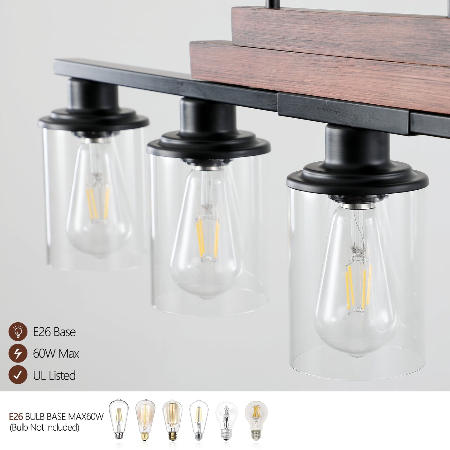 37" Farmhouse Industrial 5-Light Kitchen Island Pendant Light, Metal Wood Chandelier with Clear Glass Shades, Adjustable Height Hanging Fixture for Dining Room, Living Room, Kitchen - okeli lights