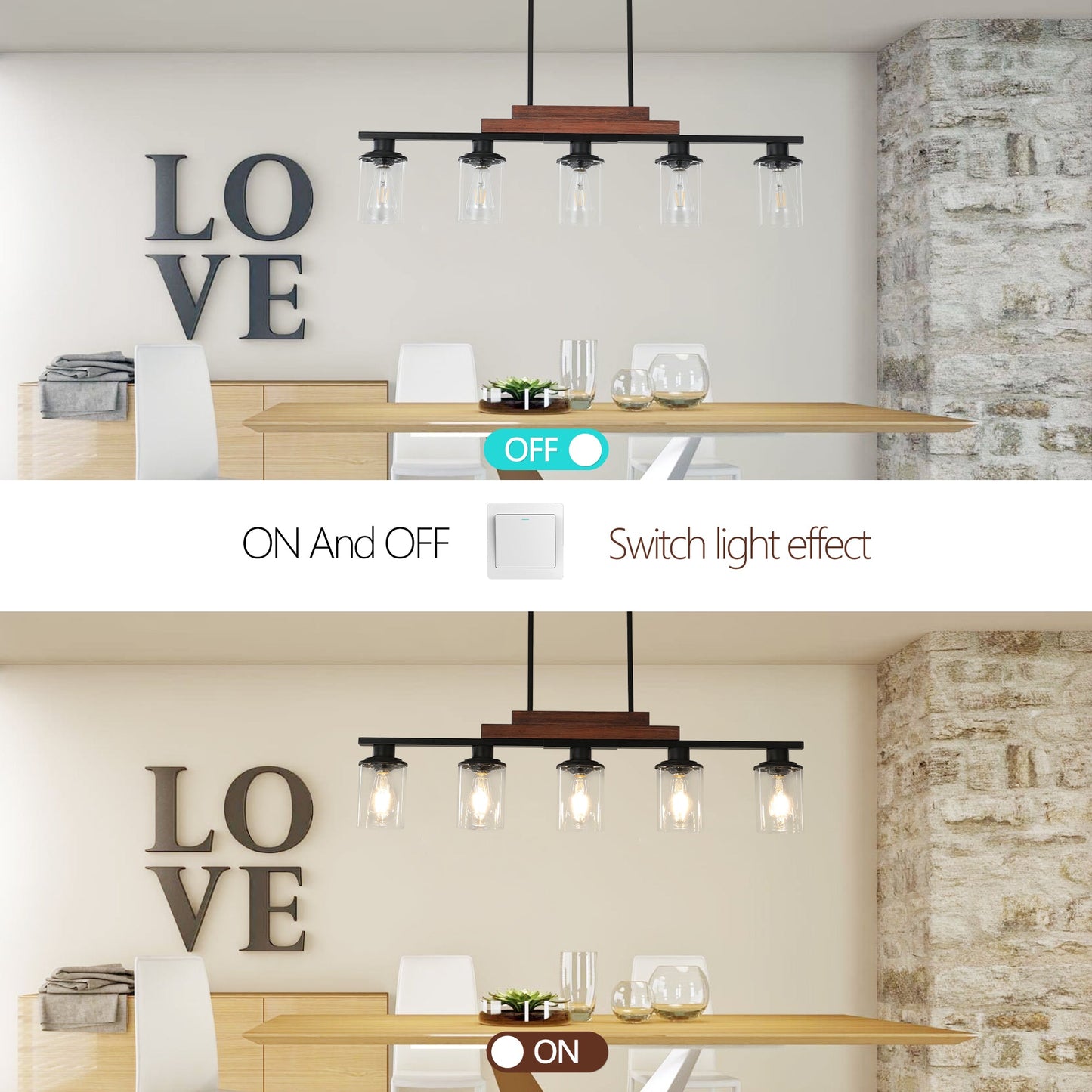 37" Farmhouse Industrial 5-Light Kitchen Island Pendant Light, Metal Wood Chandelier with Clear Glass Shades, Adjustable Height Hanging Fixture for Dining Room, Living Room, Kitchen - okeli lights