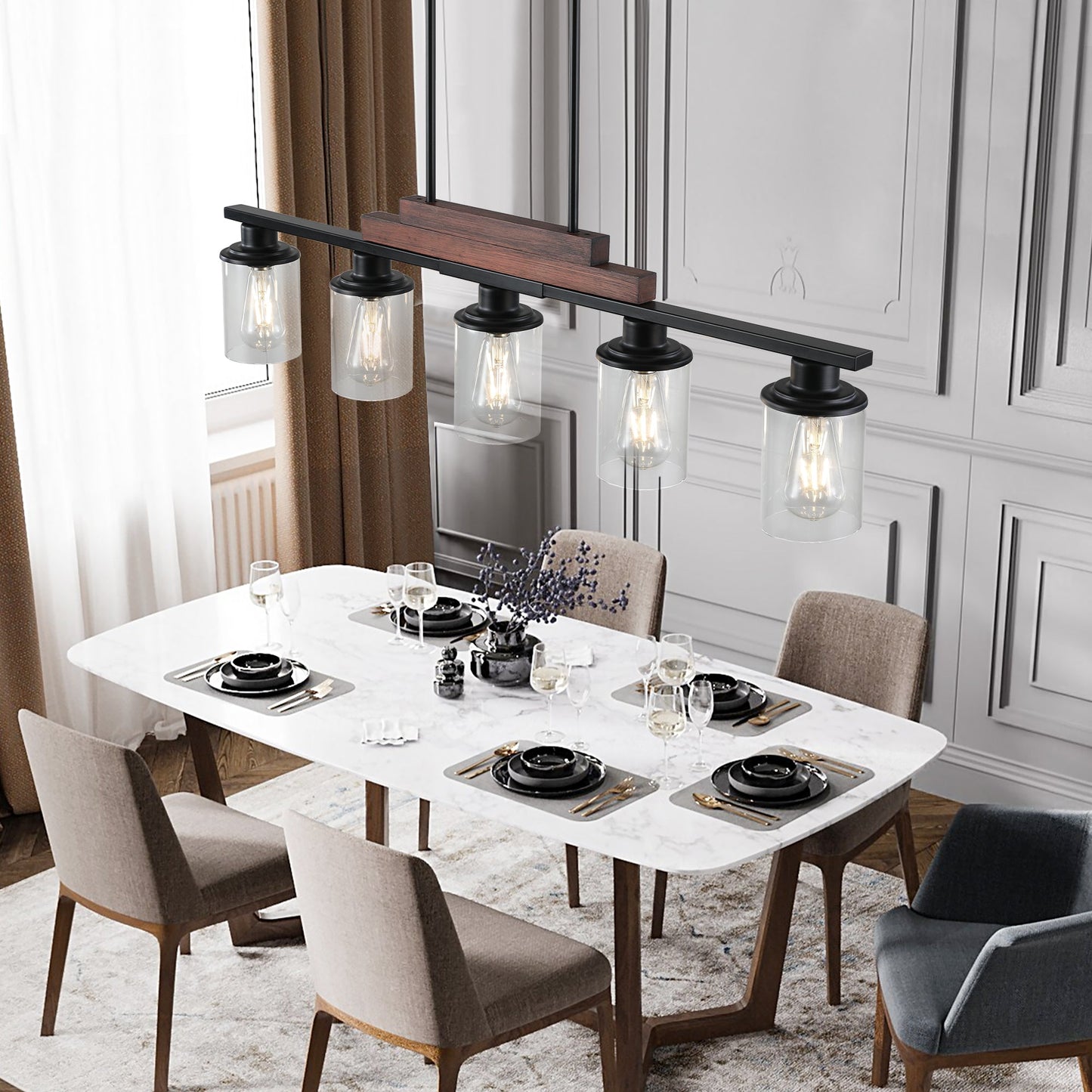 37" Farmhouse Industrial 5-Light Kitchen Island Pendant Light, Metal Wood Chandelier with Clear Glass Shades, Adjustable Height Hanging Fixture for Dining Room, Living Room, Kitchen - okeli lights