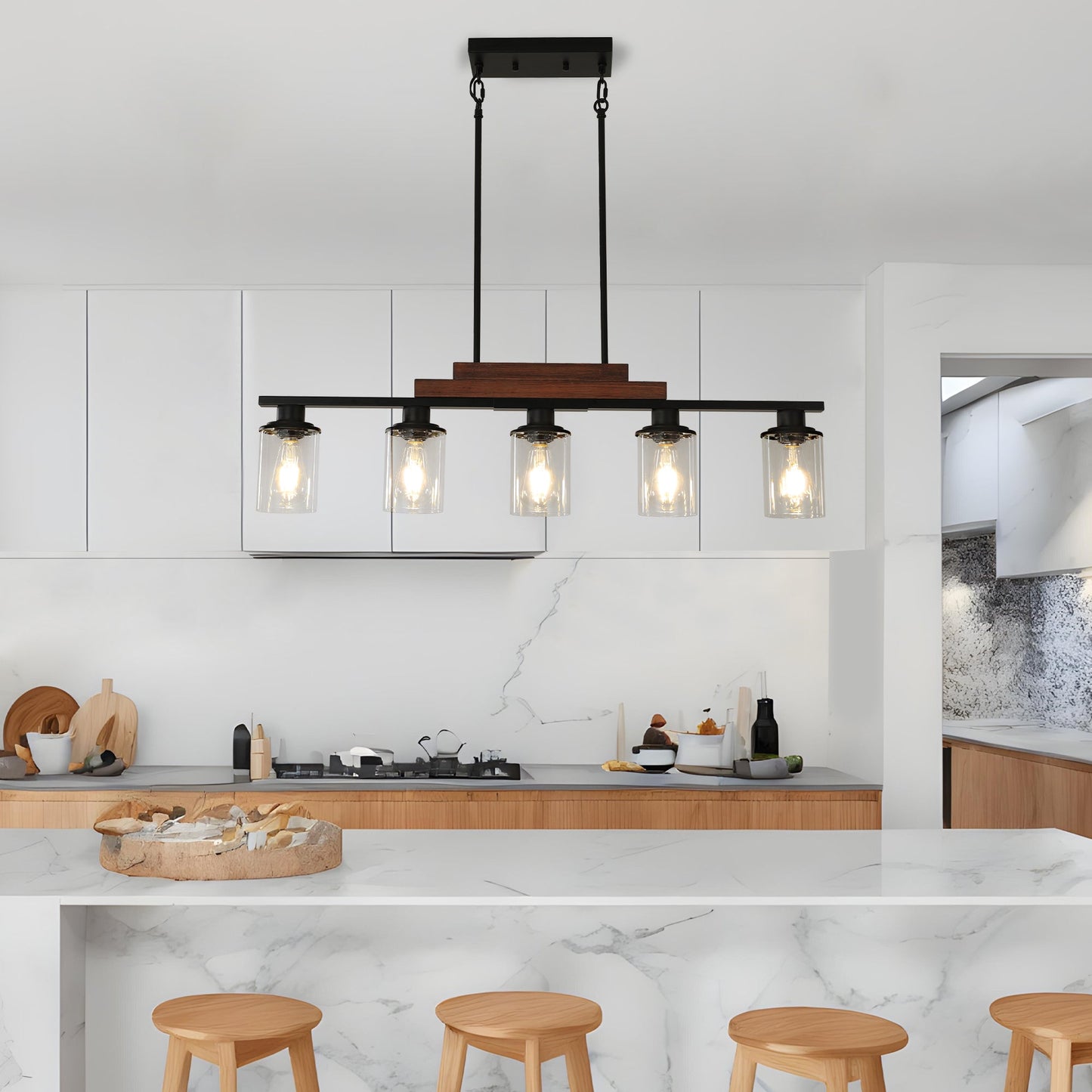 37" Farmhouse Industrial 5-Light Kitchen Island Pendant Light, Metal Wood Chandelier with Clear Glass Shades, Adjustable Height Hanging Fixture for Dining Room, Living Room, Kitchen - okeli lights