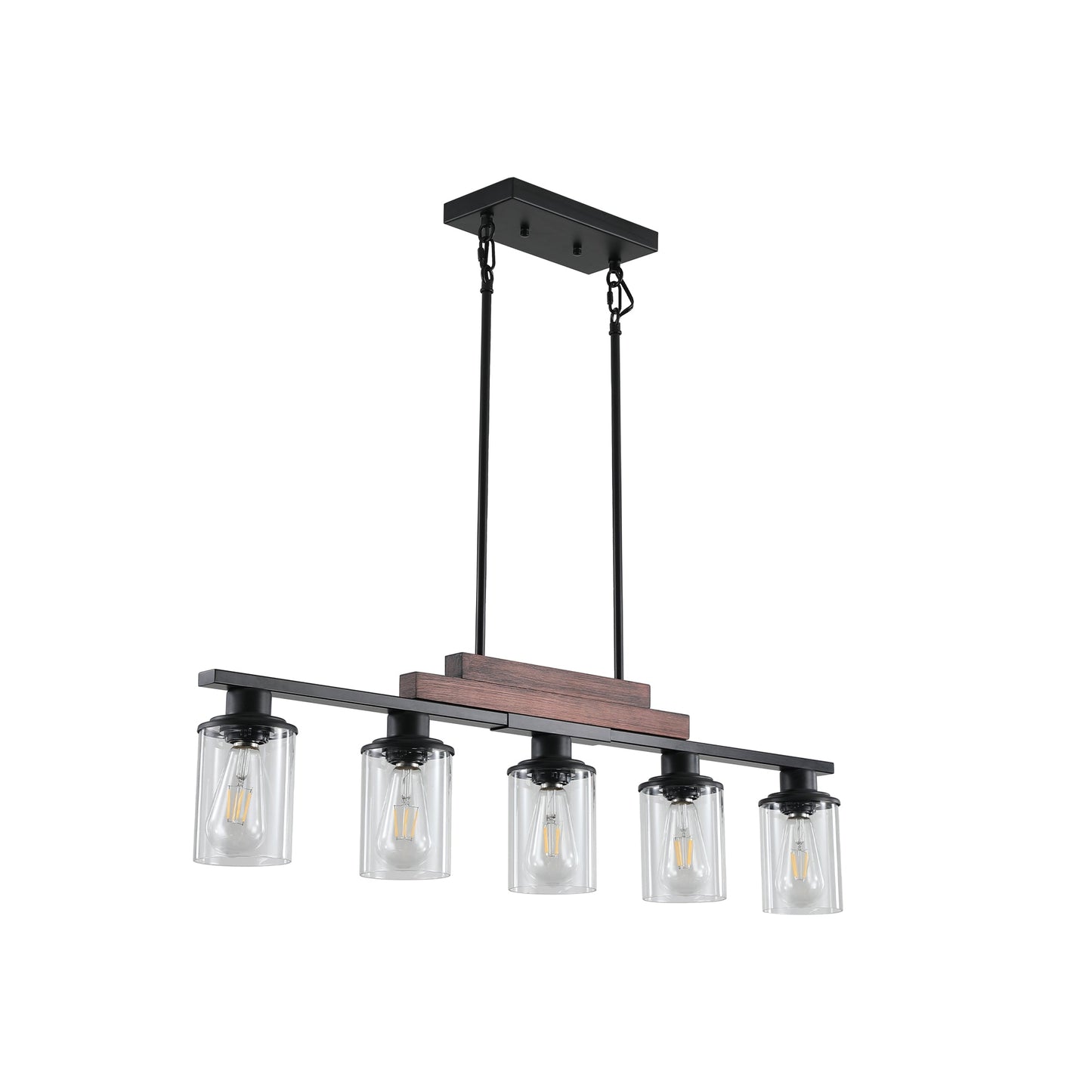 37" Farmhouse Industrial 5-Light Kitchen Island Pendant Light, Metal Wood Chandelier with Clear Glass Shades, Adjustable Height Hanging Fixture for Dining Room, Living Room, Kitchen - okeli lights