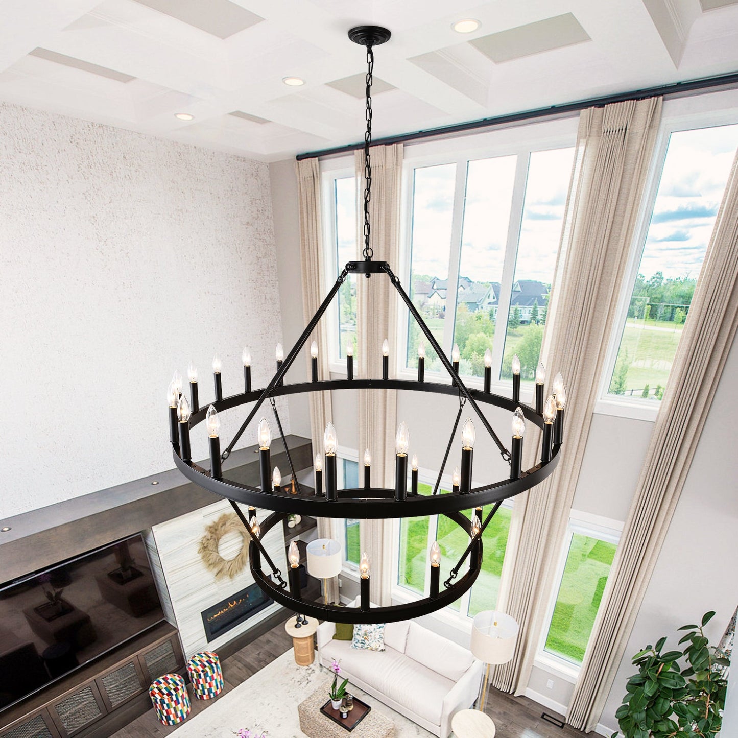 Farmhouse Wagon Wheel Chandelier 36-Light Adjustable Height Black Metal for High Ceiling Living Dining Room - okeli lights