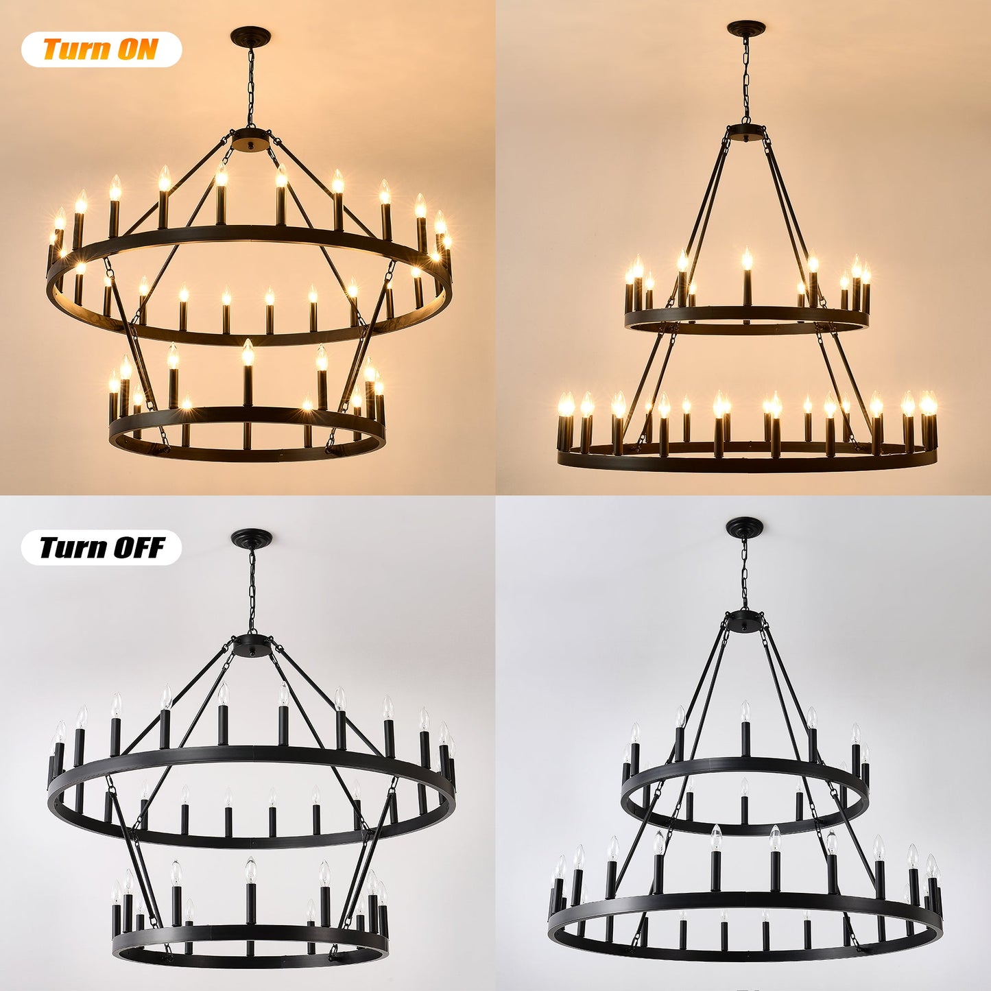 Farmhouse Wagon Wheel Chandelier 36-Light Adjustable Height Black Metal for High Ceiling Living Dining Room - okeli lights