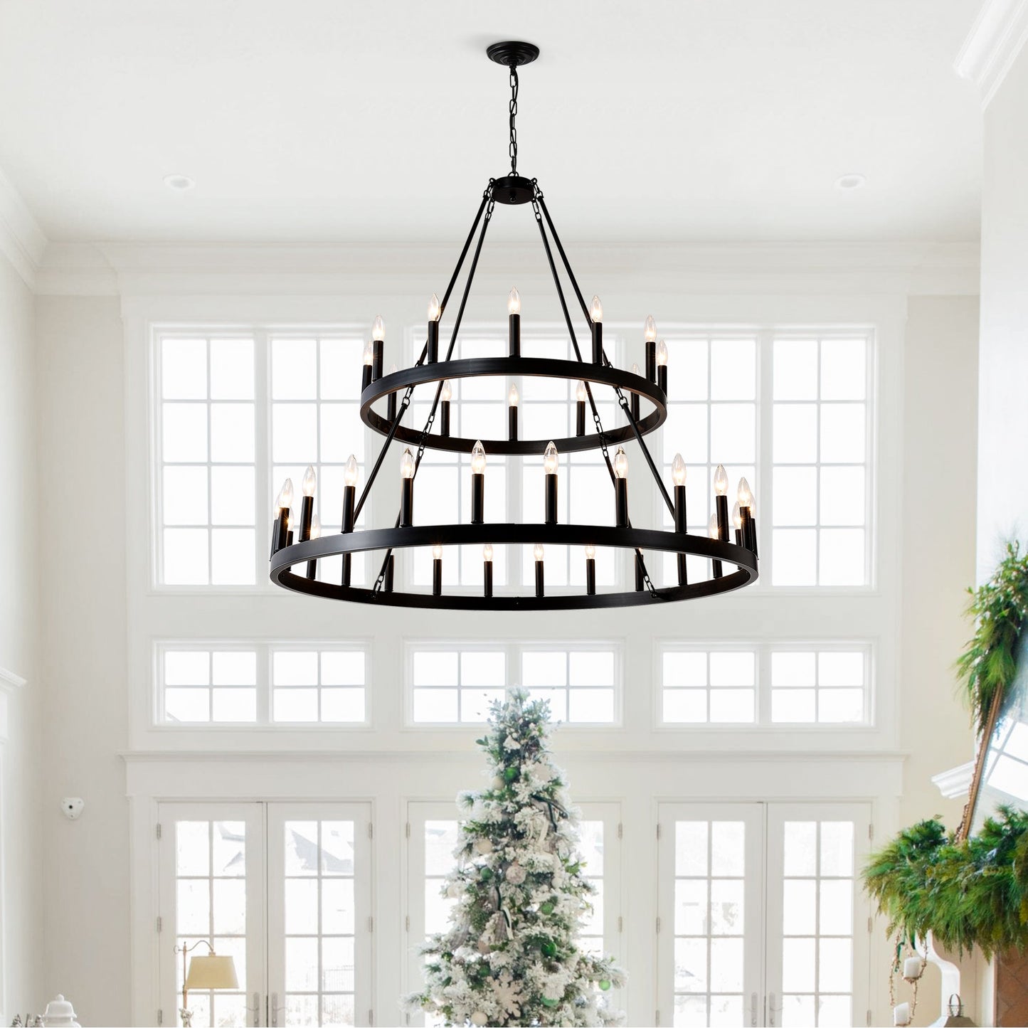 Farmhouse Wagon Wheel Chandelier 36-Light Adjustable Height Black Metal for High Ceiling Living Dining Room - okeli lights