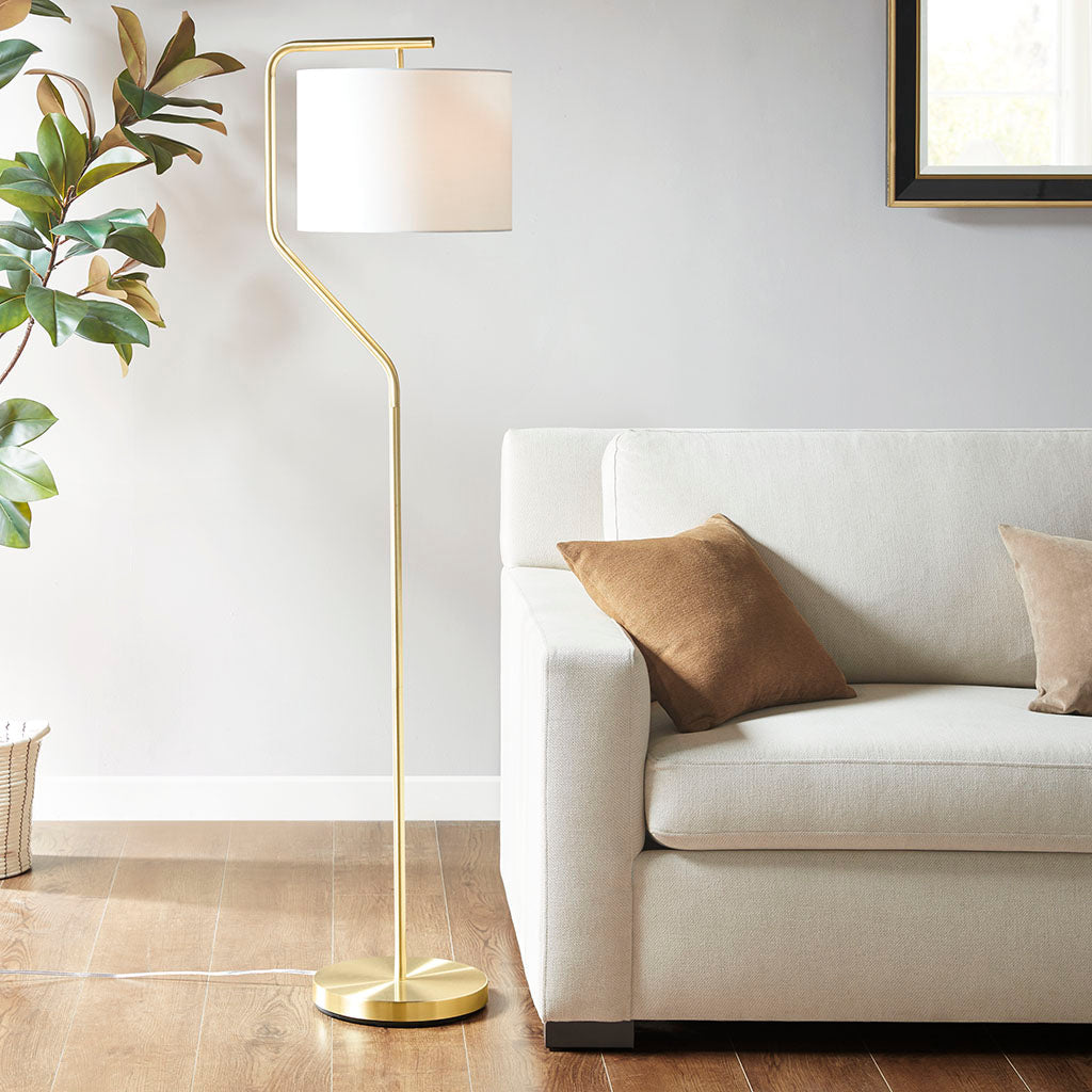 Gold Angular Arched Metal Floor Lamp Linen Drum-Shaped Shade - okeli lights