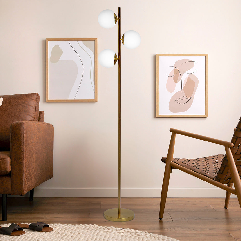 Gold Brush Floor Lamp Opal Glass Shades and Round Metal Base - okeli lights