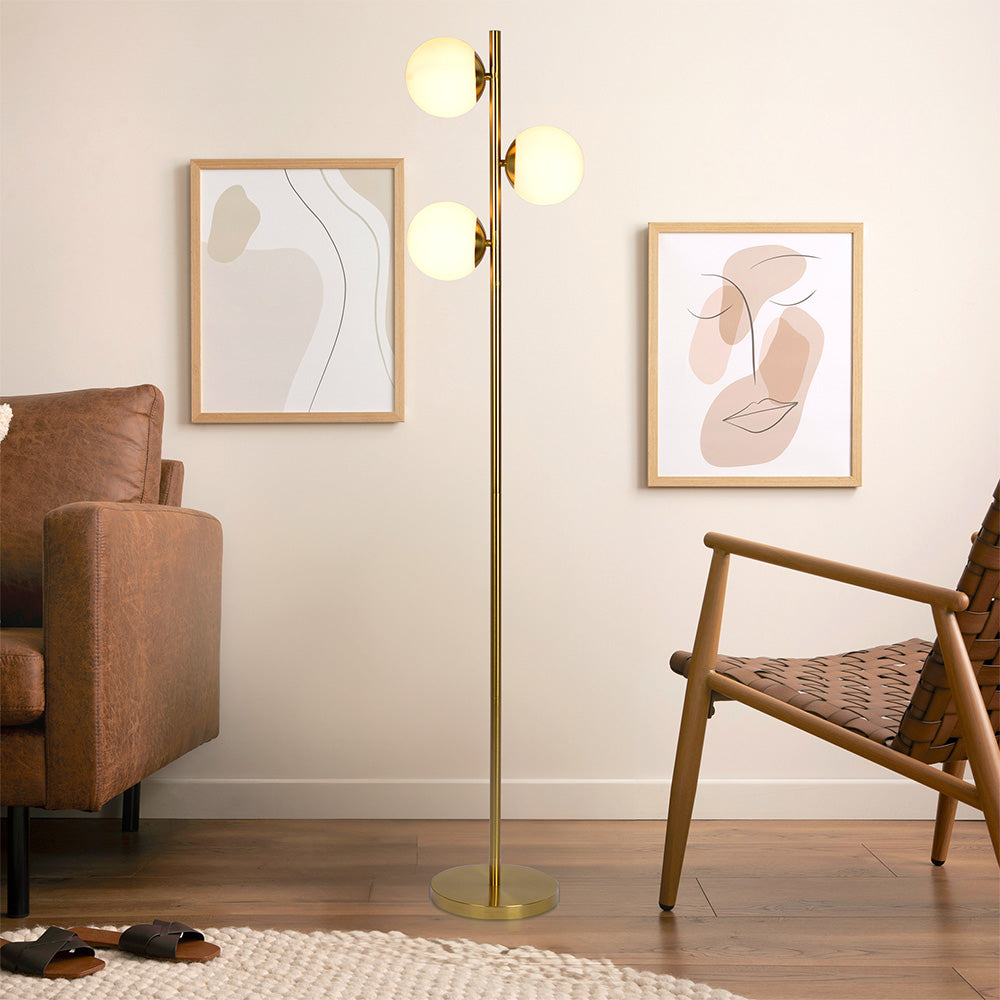 Gold Brush Floor Lamp Opal Glass Shades and Round Metal Base - okeli lights