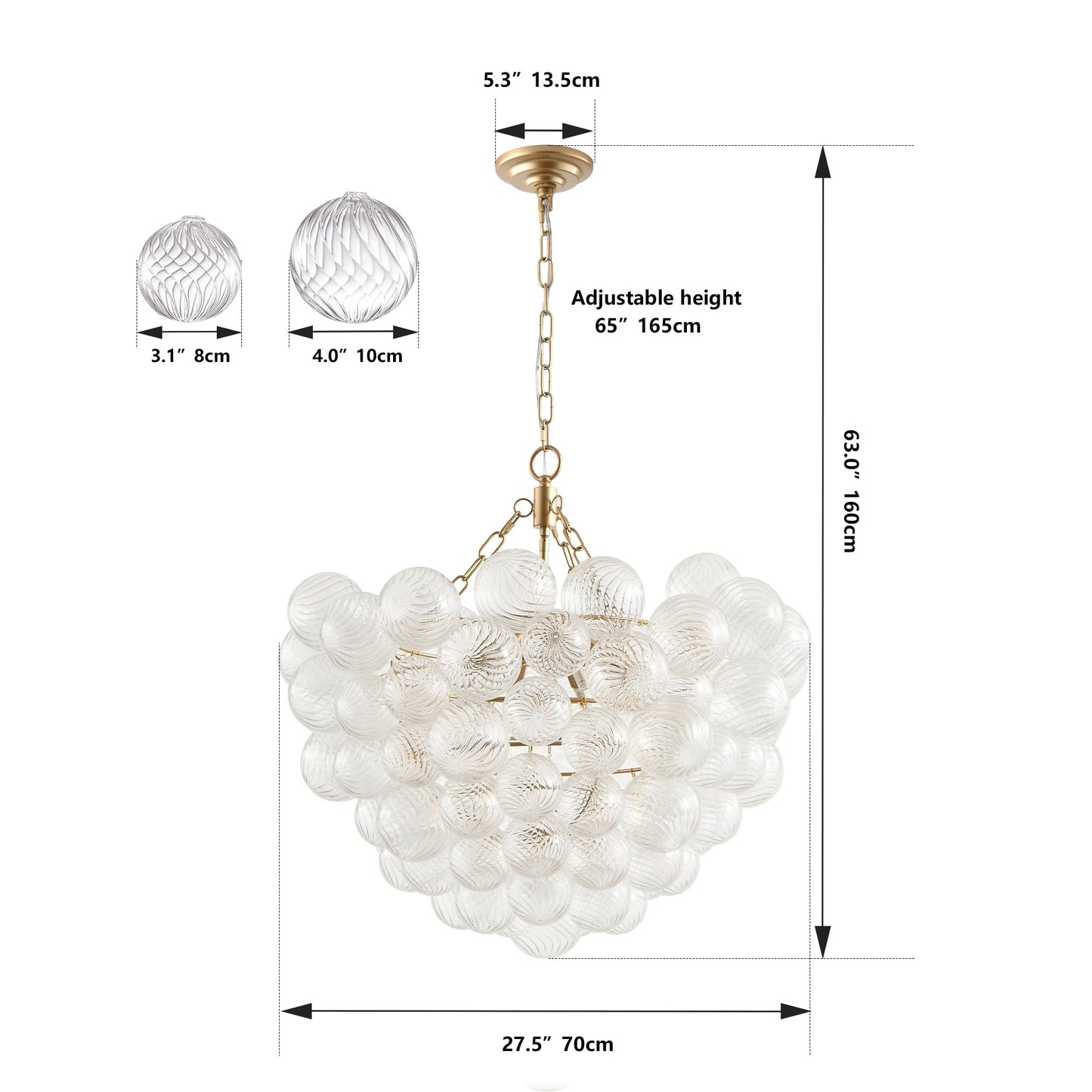 27.5-Inch Gold Pendant Light Chandelier with Threaded Clear Glass Globe Shade – Adjustable Height - okeli lights