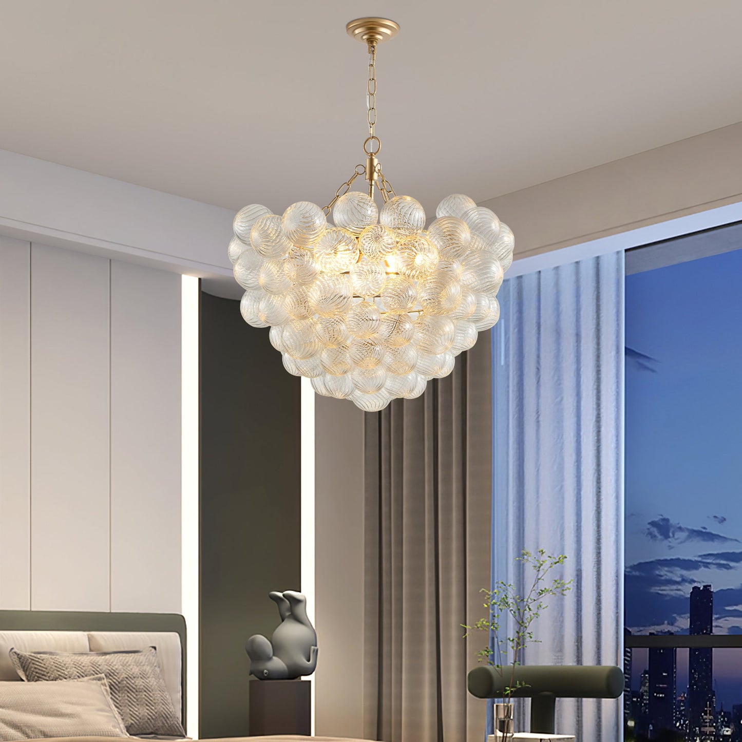 27.5-Inch Gold Pendant Light Chandelier with Threaded Clear Glass Globe Shade – Adjustable Height - okeli lights