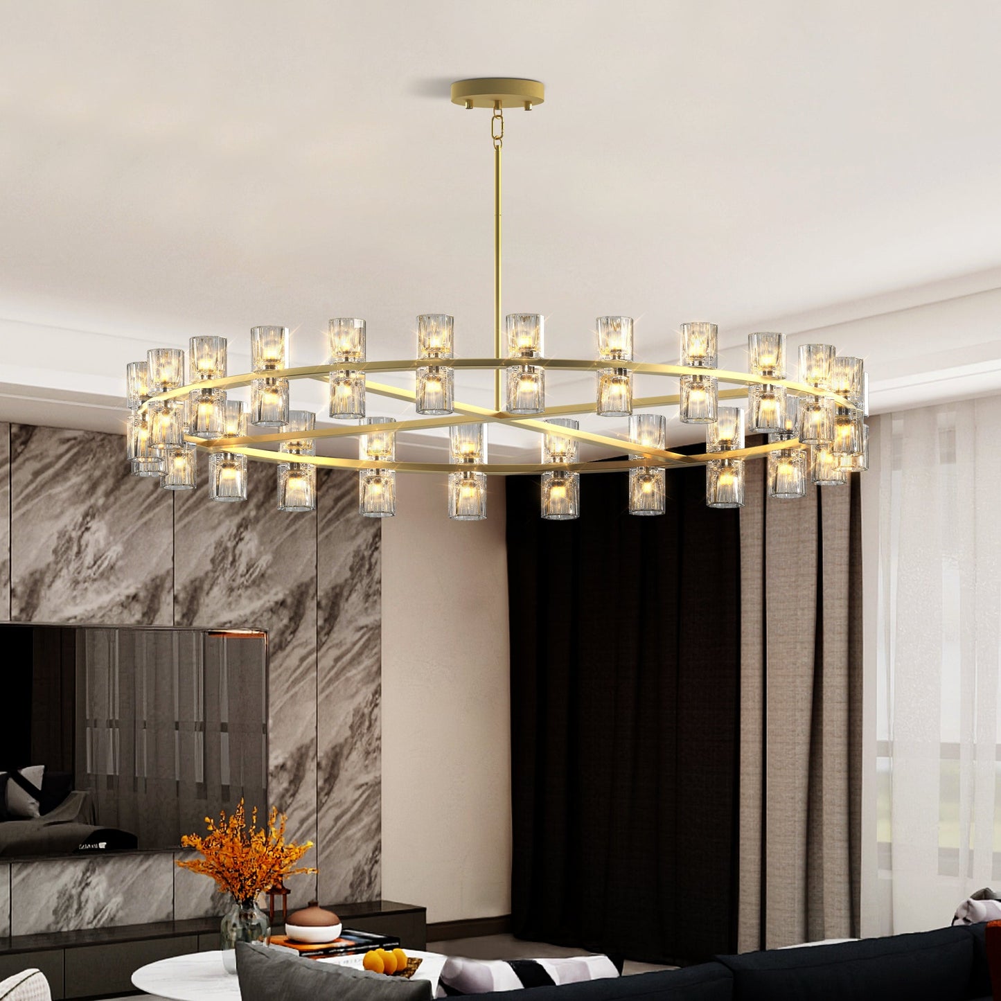 Gold Wagon Wheel Chandelier with Crystal Shade 48-Lights Modern Farmhouse Style - okeli lights