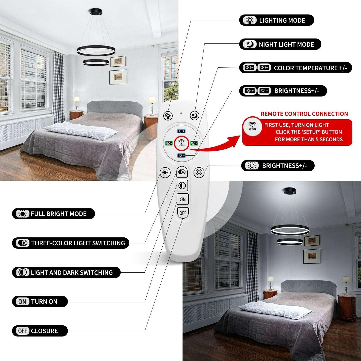 OKELI Modern LED Black Chandelier,Dimmable Circular Pendant Lights 2-Rings - okeli lights