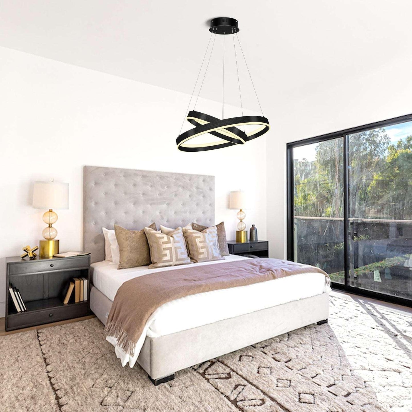 OKELI Modern LED Black Chandelier,Dimmable Circular Pendant Lights 2-Rings - okeli lights