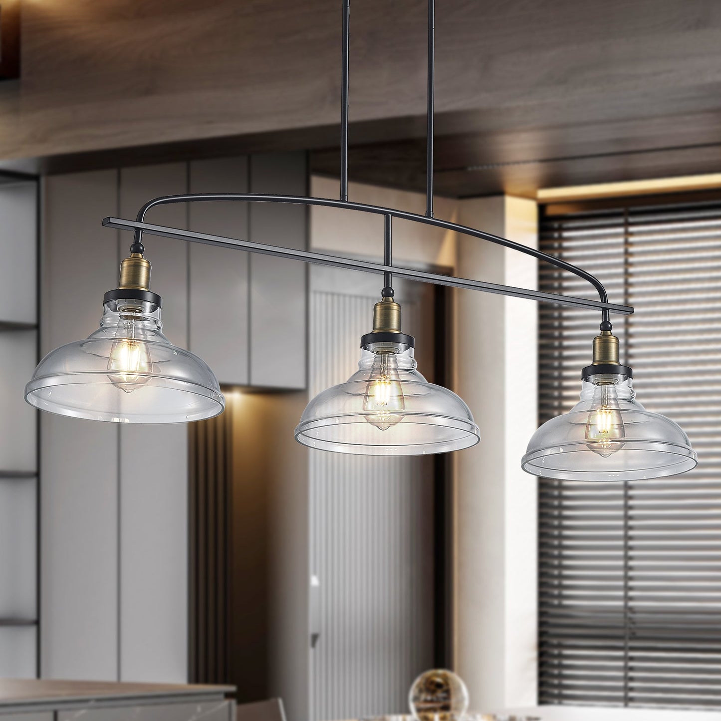 45" Industrial 3-Light Pendant Chandelier with Clear Glass Shades, Adjustable Height, Farmhouse Lighting - okeli lights
