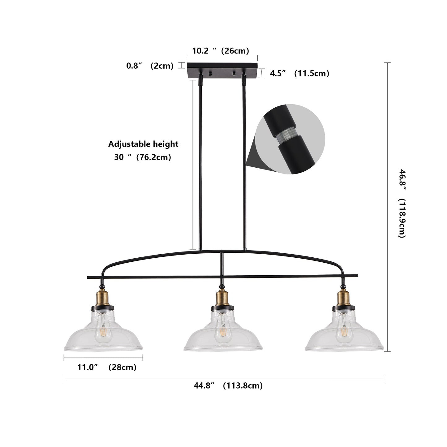 45" Industrial 3-Light Pendant Chandelier with Clear Glass Shades, Adjustable Height, Farmhouse Lighting - okeli lights