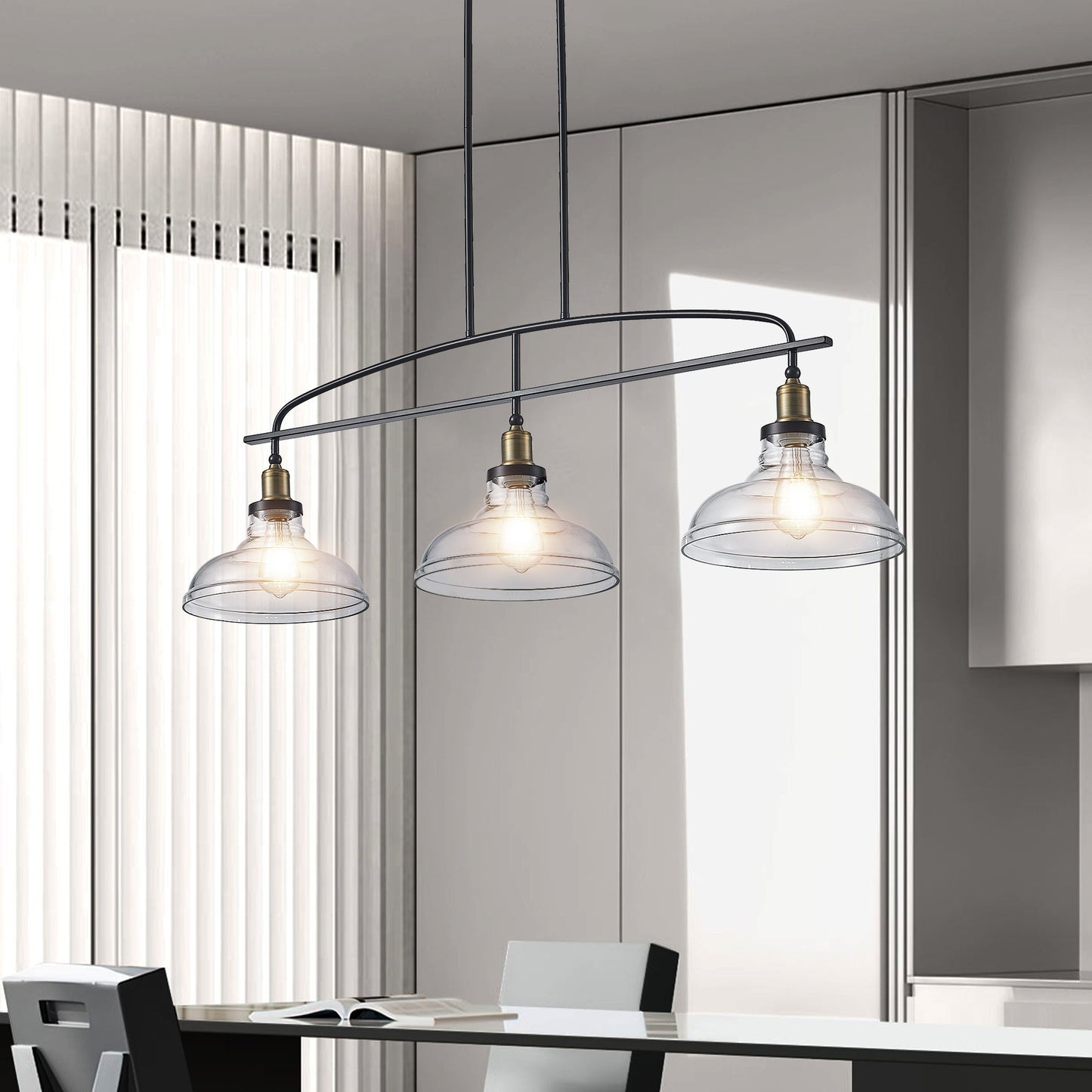 45" Industrial 3-Light Pendant Chandelier with Clear Glass Shades, Adjustable Height, Farmhouse Lighting - okeli lights