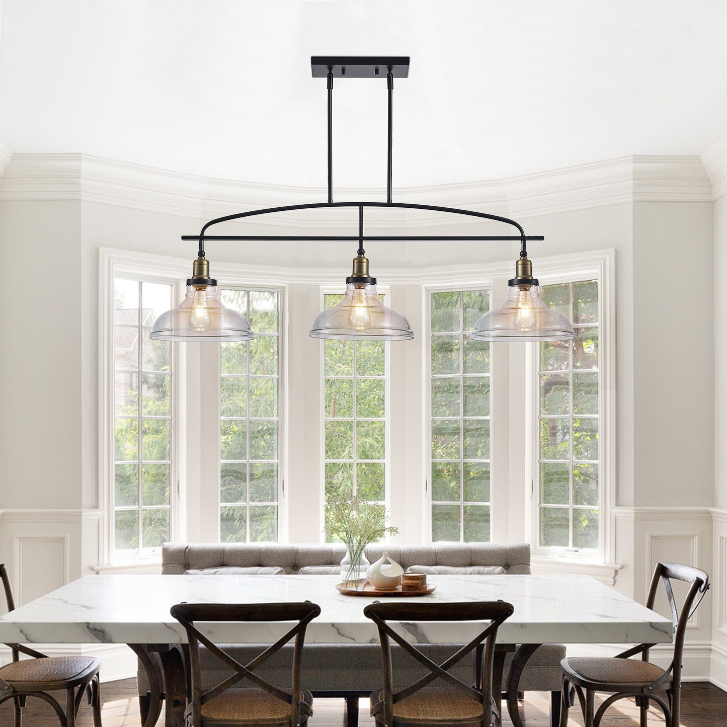 45" Industrial 3-Light Pendant Chandelier with Clear Glass Shades, Adjustable Height, Farmhouse Lighting - okeli lights
