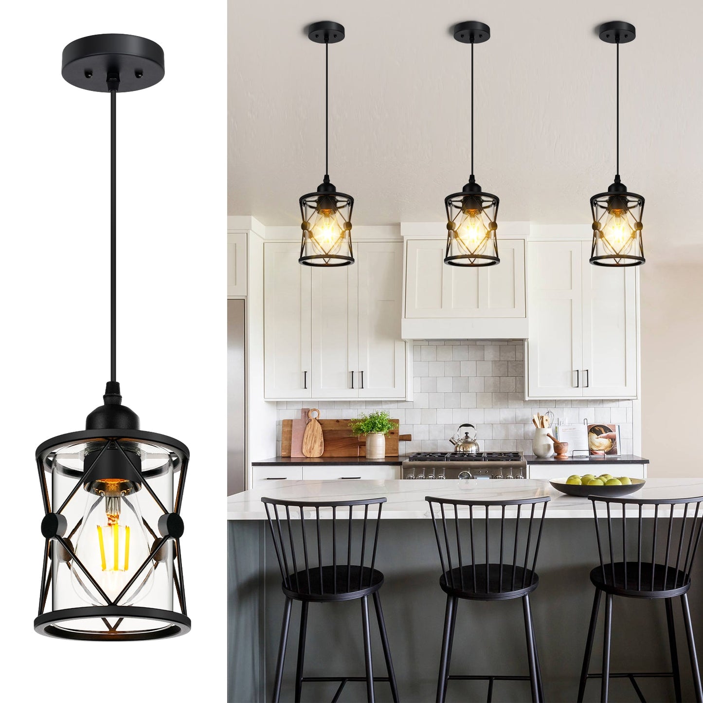 Island Light for Kitchen Dining Room Fixture with Clear Glass Shade Farmhouse Pendant Light - okeli lights