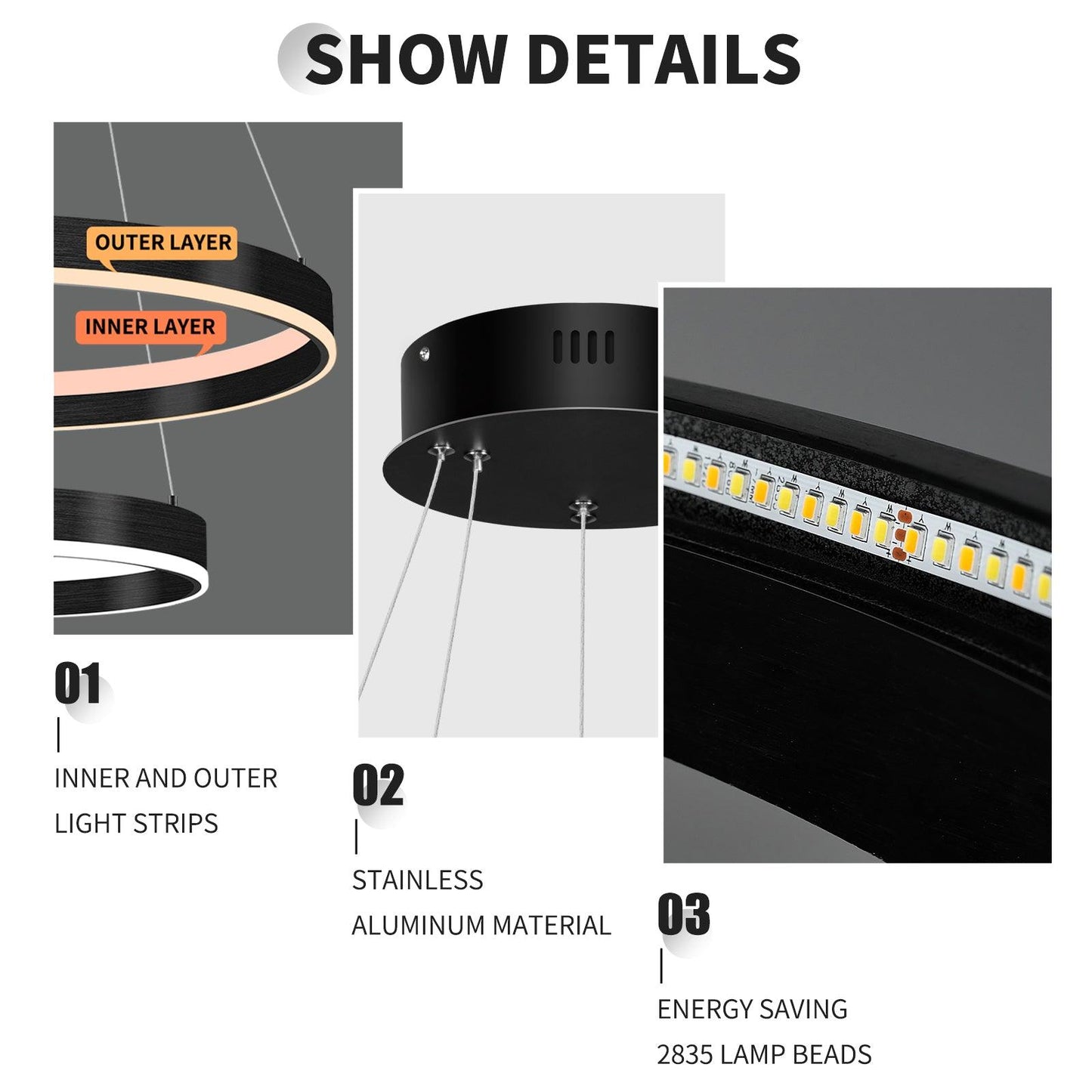 OKELI Modern LED Black Chandelier,Dimmable Circular Pendant Lights 2-Rings - okeli lights