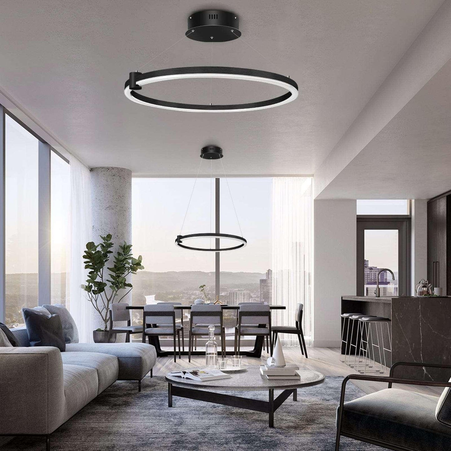 Modern LED Chandelier Circular Black 1-Ring Acrylic Adjustable - okeli lights