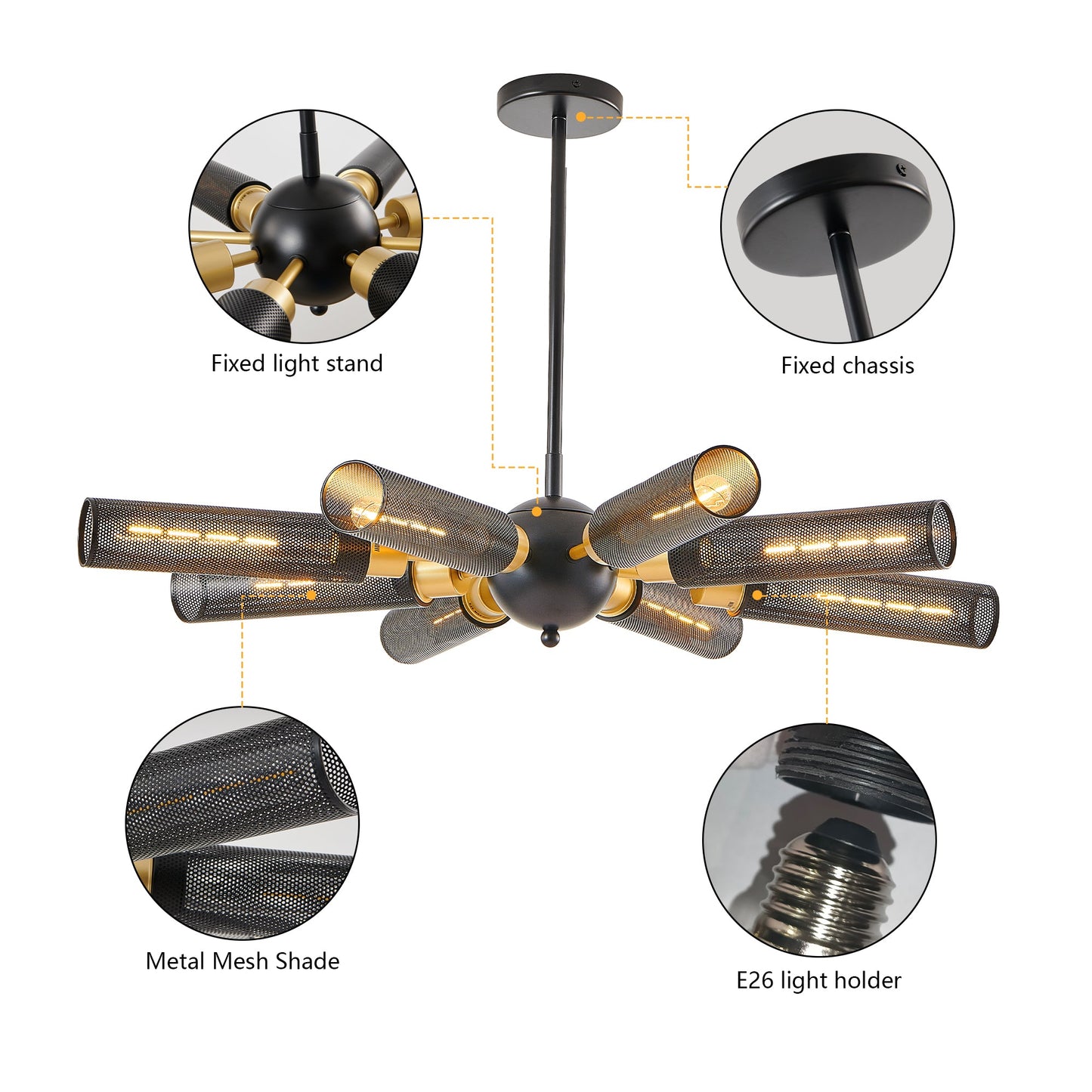 34" Modern Industrial Sputnik Chandelier, 8-Light Black and Gold Metal Pendant Light with Mesh Shades, E26 Base - okeli lights