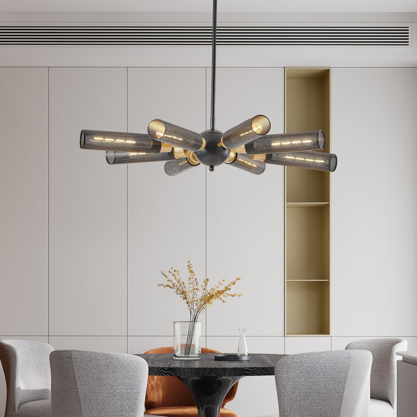 34" Modern Industrial Sputnik Chandelier, 8-Light Black and Gold Metal Pendant Light with Mesh Shades, E26 Base - okeli lights