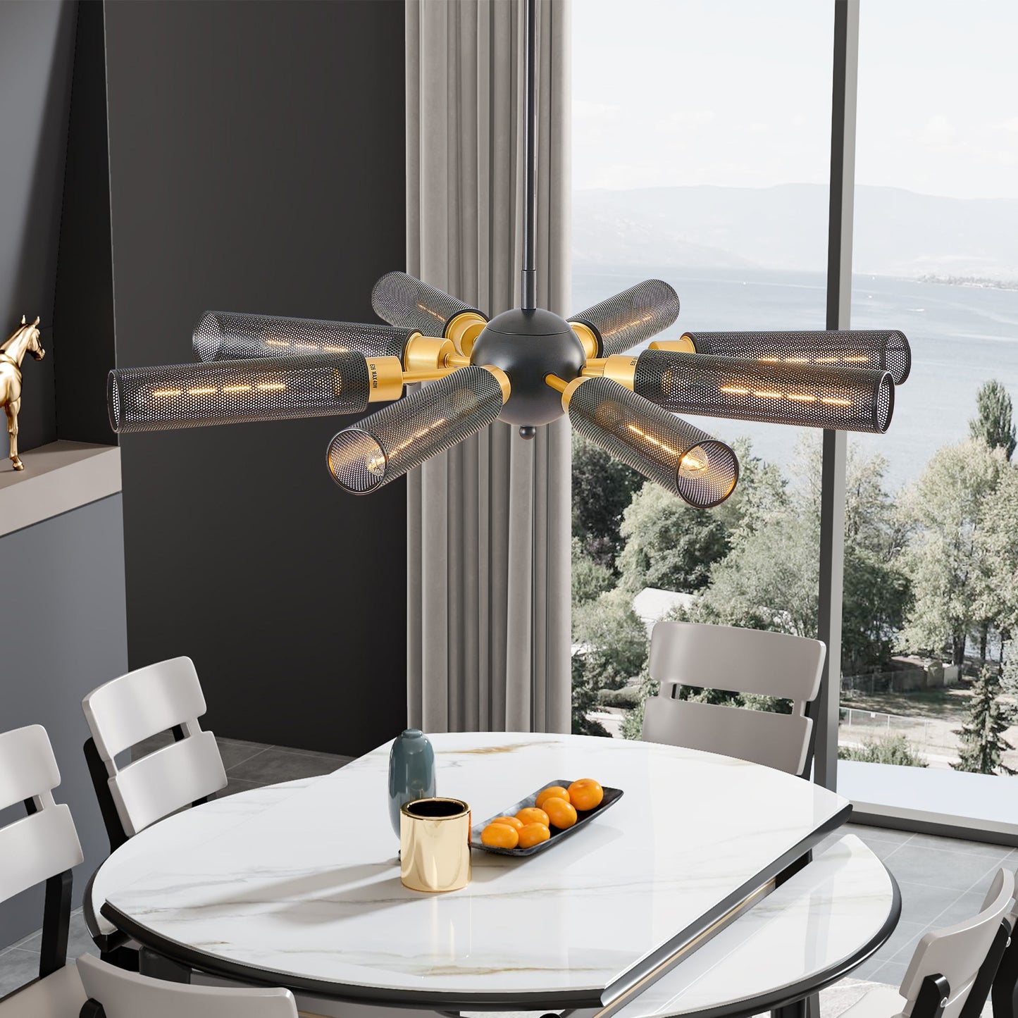 34" Modern Industrial Sputnik Chandelier, 8-Light Black and Gold Metal Pendant Light with Mesh Shades, E26 Base - okeli lights