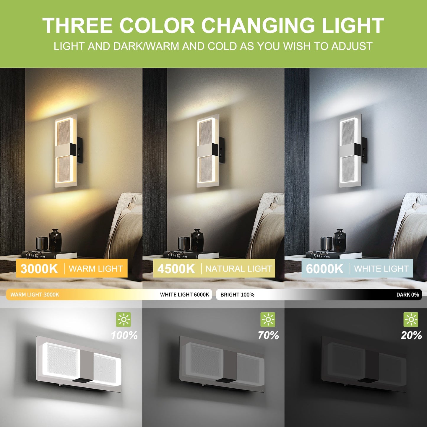 Modern Wall Sconce LED Indoor 3CCT Dimmable Wall Light Fixture Decor 2-pack - okeli lights