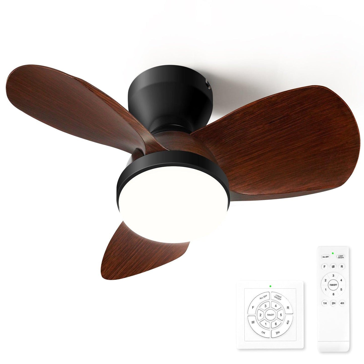Ceiling Fan with Light Flush Mount, Small Low Profile 6-Speeds Quiet Reversible Timer, Wood Grain - okeli lights
