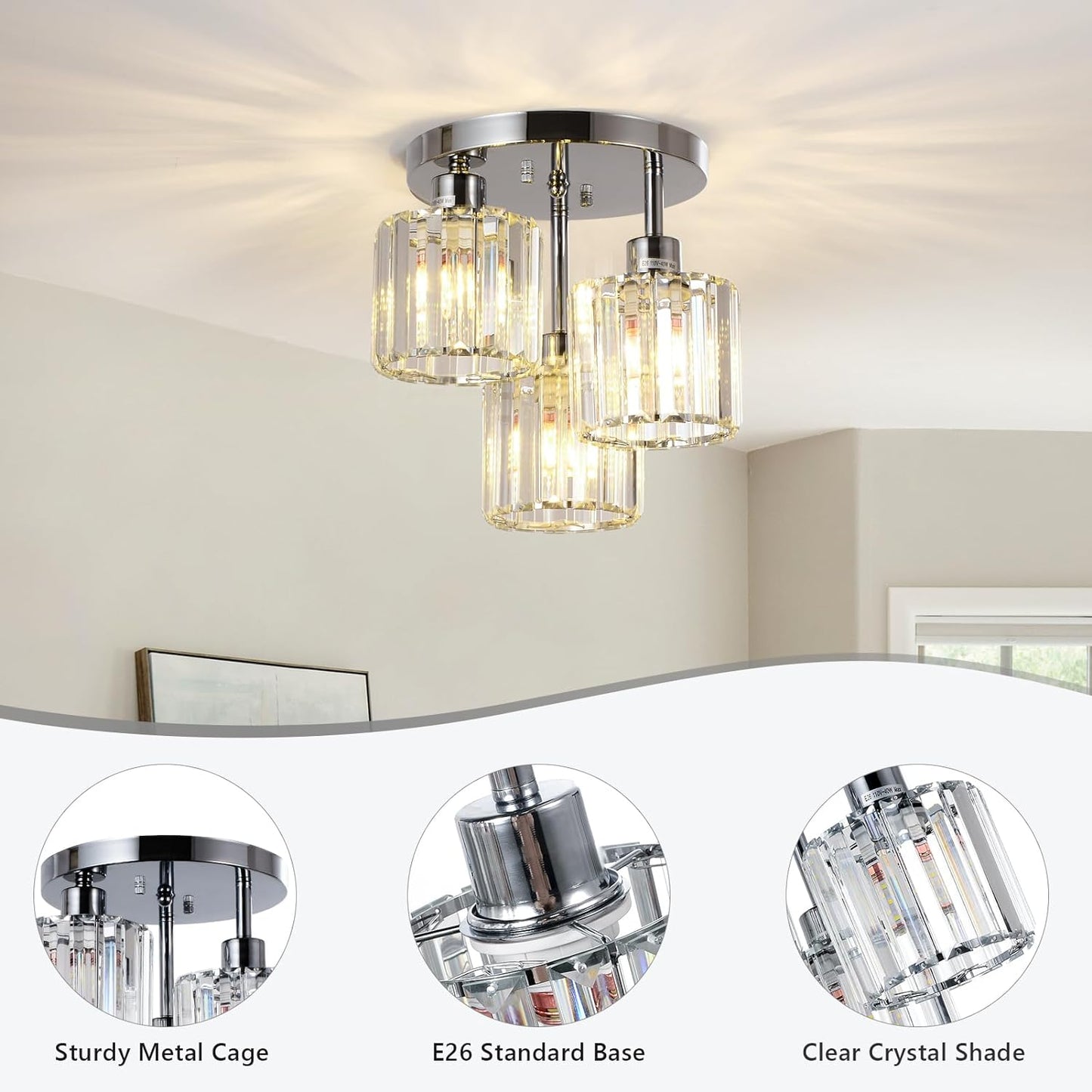 3-Light Kitchen Mount Hallway Light Fixtures Semi Flush Mount Ceiling with Clear Crystal Shades - okeli lights