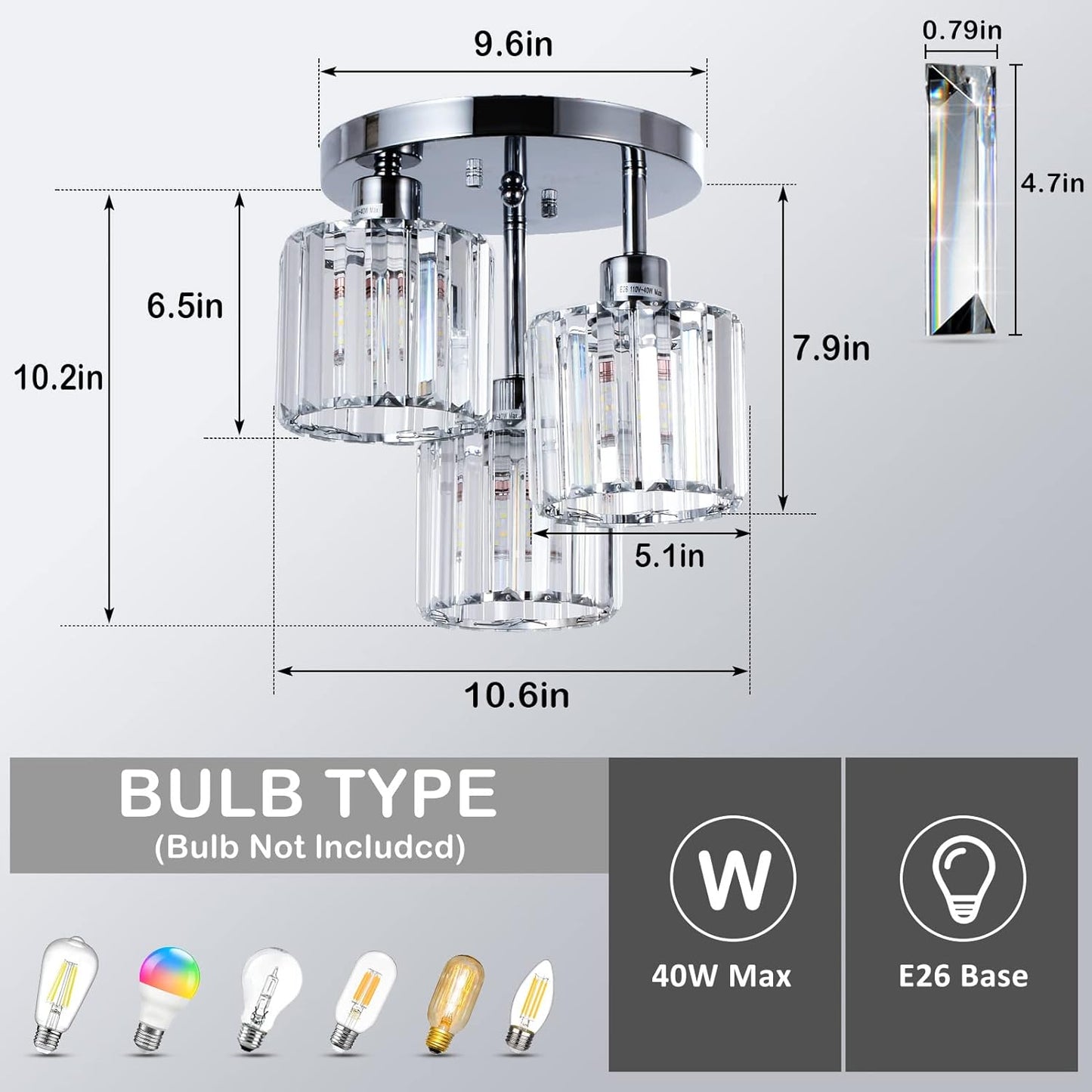 3-Light Kitchen Mount Hallway Light Fixtures Semi Flush Mount Ceiling with Clear Crystal Shades - okeli lights