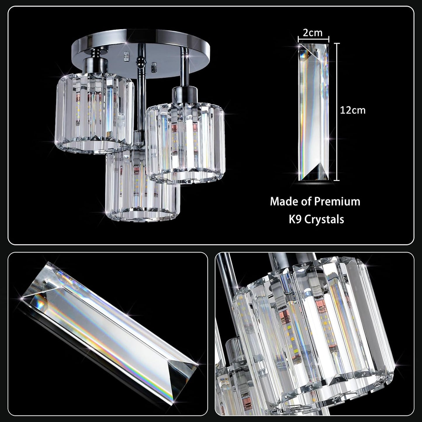 3-Light Kitchen Mount Hallway Light Fixtures Semi Flush Mount Ceiling with Clear Crystal Shades - okeli lights