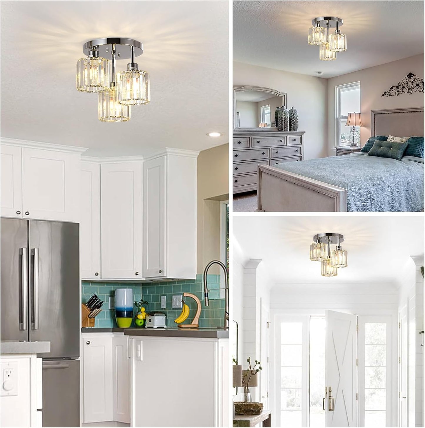 3-Light Kitchen Mount Hallway Light Fixtures Semi Flush Mount Ceiling with Clear Crystal Shades - okeli lights