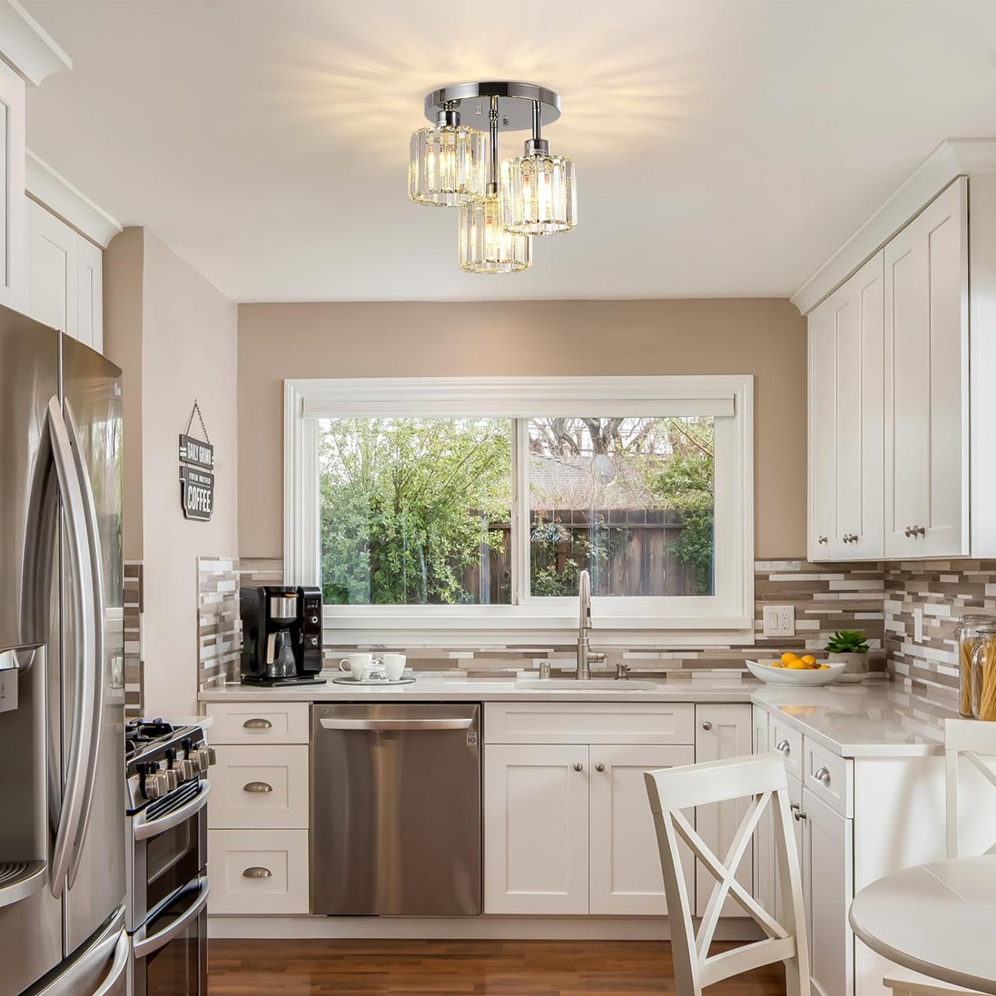 3-Light Kitchen Mount Hallway Light Fixtures Semi Flush Mount Ceiling with Clear Crystal Shades - okeli lights