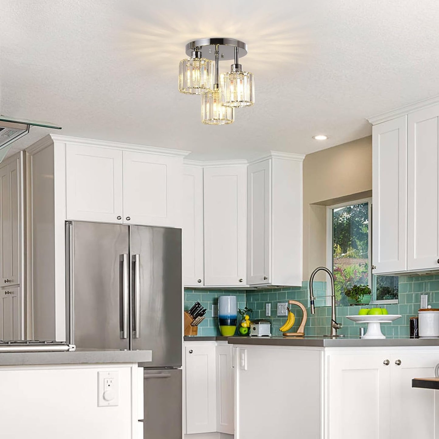 3-Light Kitchen Mount Hallway Light Fixtures Semi Flush Mount Ceiling with Clear Crystal Shades - okeli lights
