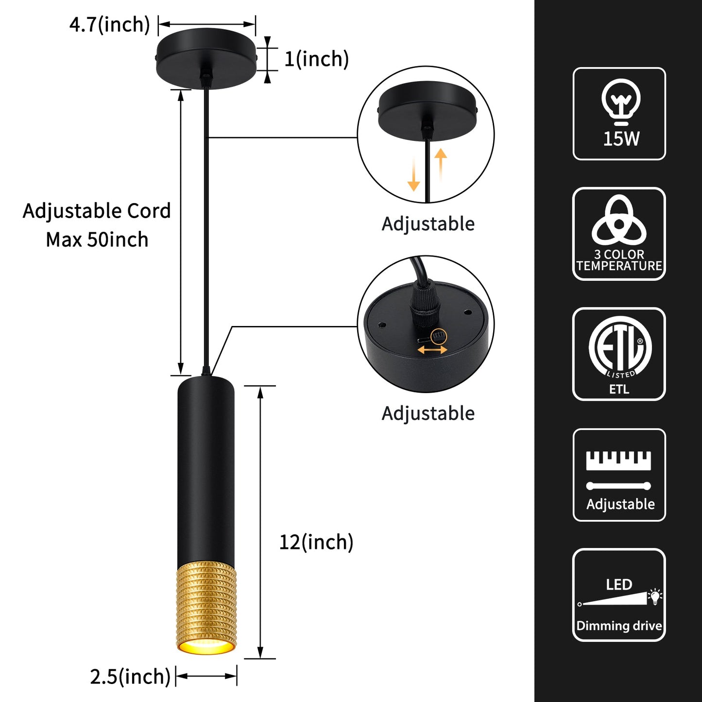 LED Pendant Light Black and Glod Fixtures for Kitchen Island and Bar 3-Color 2700K-6000K ETL - okeli lights