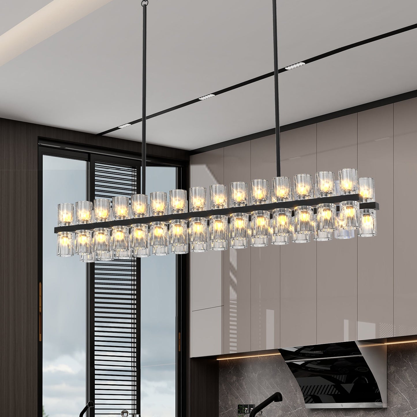 Rectangular Luxurious Crystal Chandelier for Living Room & Dining Room, Black Frame with K9 Crystals - okeli lights